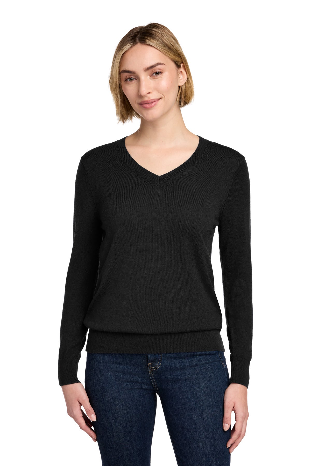 Custom Deep Black Women's Washable Merino V-Neck Sweater BB18411, personalized by SanCanDo Swag in Argyle, TX