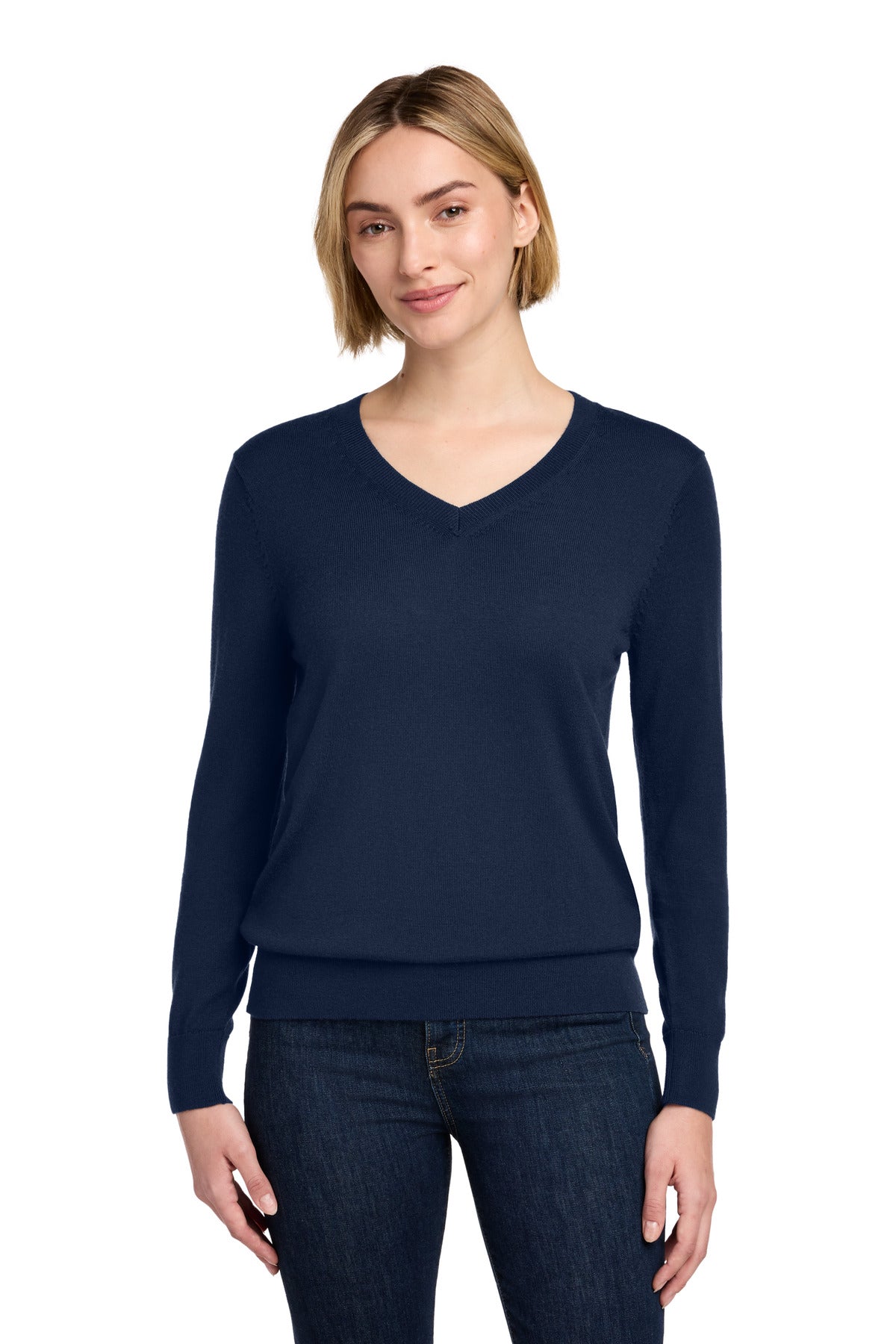 Custom Navy Blazer Women's Washable Merino V-Neck Sweater BB18411, personalized by SanCanDo Swag in Argyle, TX