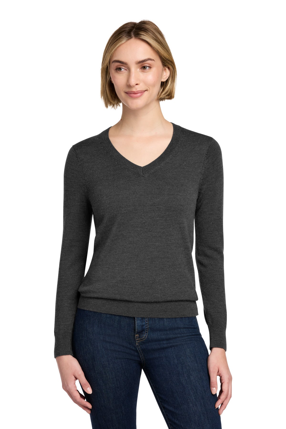 Custom Windsor Grey Heather Women's Washable Merino V-Neck Sweater BB18411, personalized by SanCanDo Swag in Argyle, TX