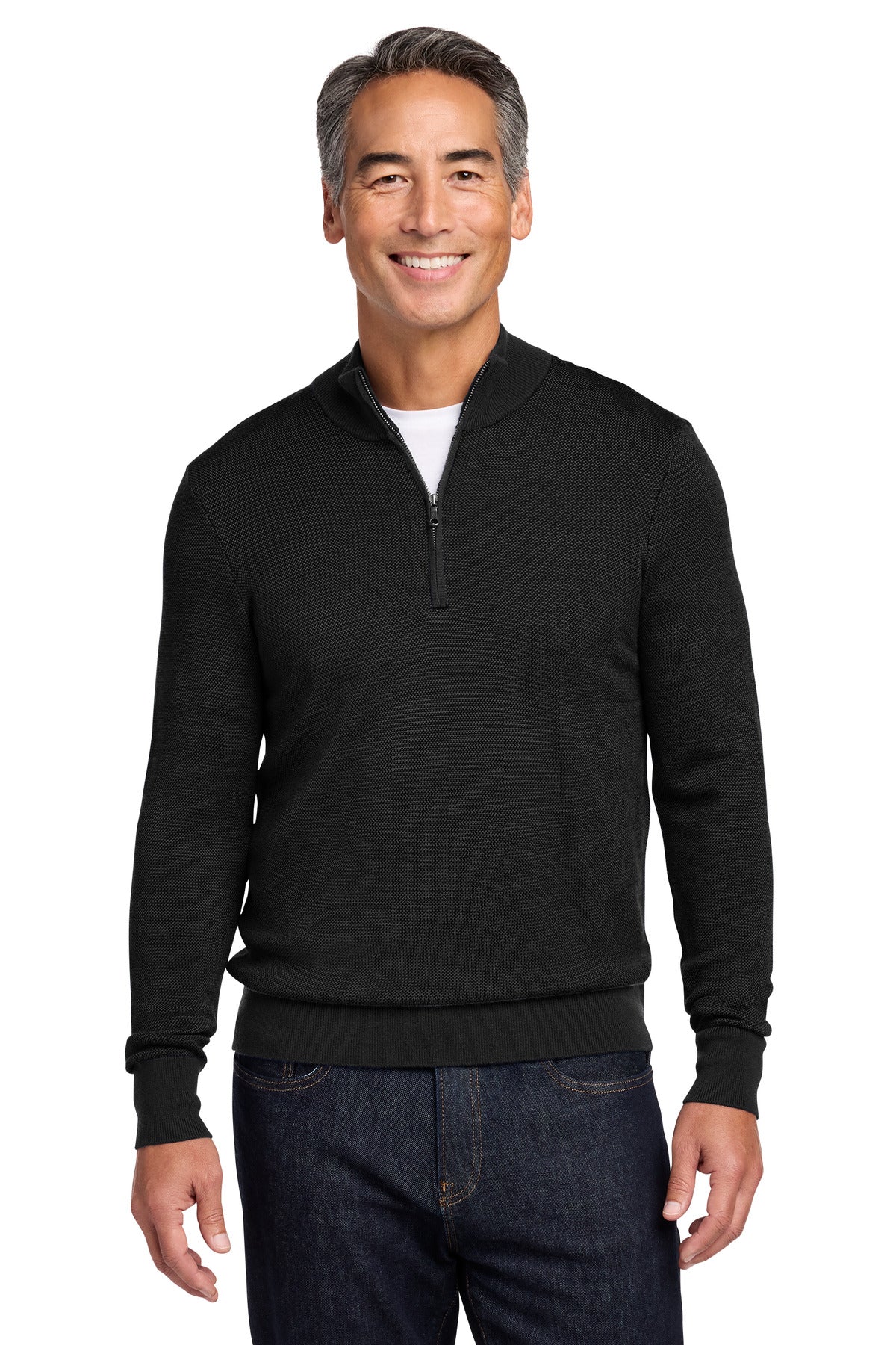 Custom Deep Black Washable Merino Birdseye 1/4-Zip Sweater BB18412, personalized by SanCanDo Swag in Argyle, TX
