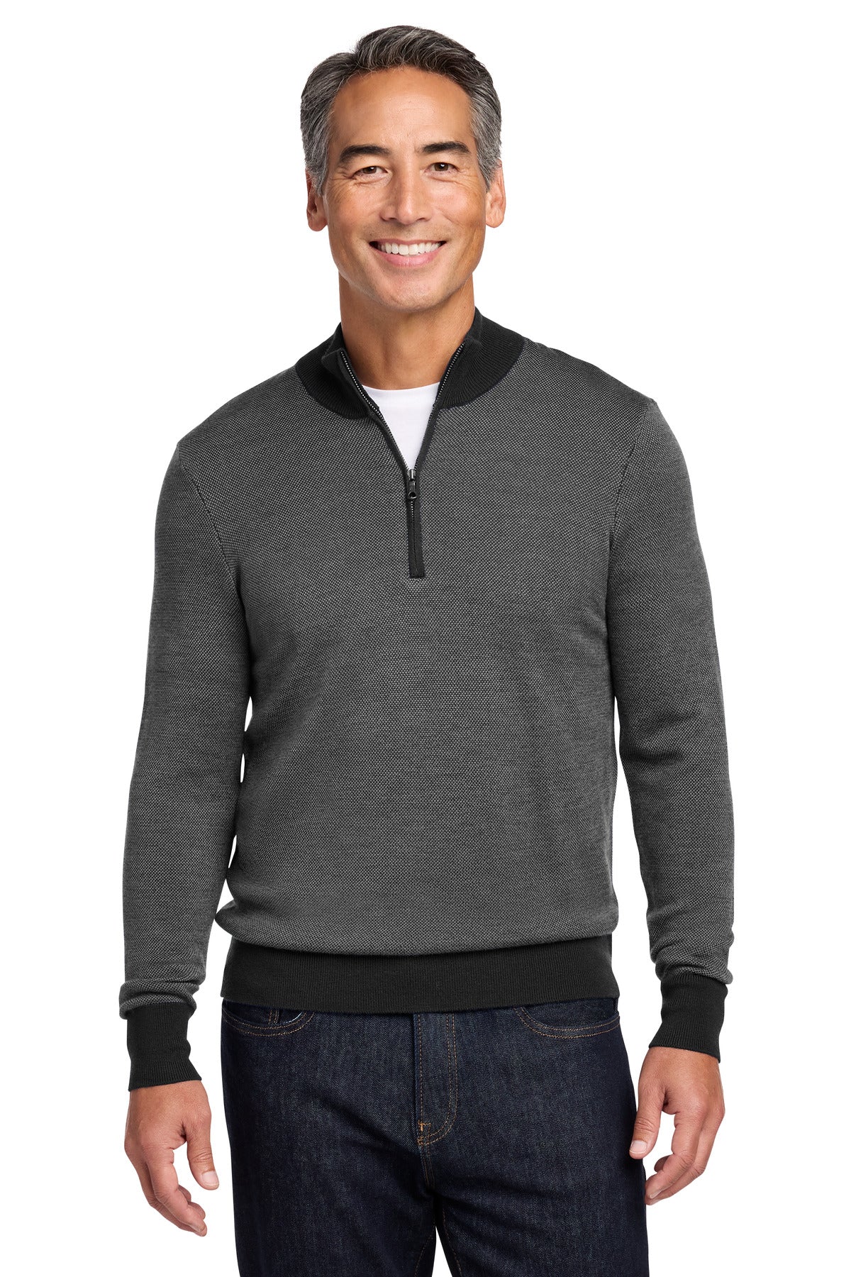 Custom Deep Black/ Shadow Grey Washable Merino Birdseye 1/4-Zip Sweater BB18412, personalized by SanCanDo Swag in Argyle, TX