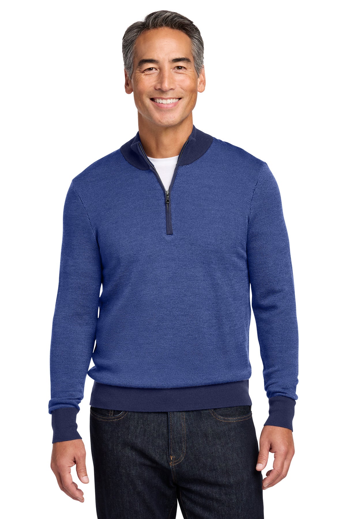 Custom Navy/ Compass Blue Washable Merino Birdseye 1/4-Zip Sweater BB18412, personalized by SanCanDo Swag in Argyle, TX