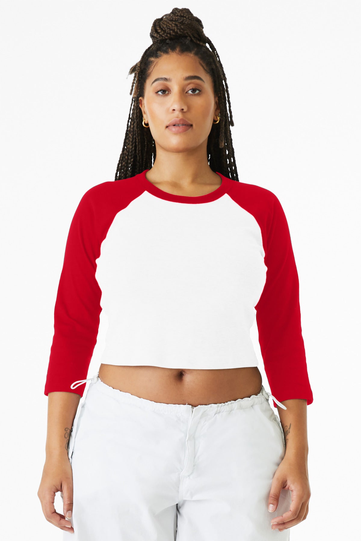 Custom White/ Red Women's Micro Rib 3/4 Raglan Baby Tee BC1200, personalized by SanCanDo Swag in Argyle, TX