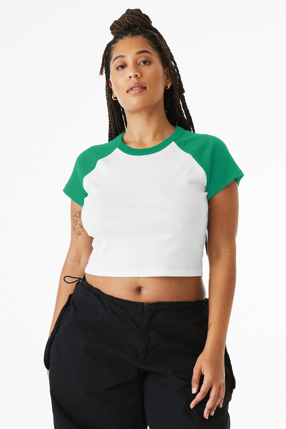Custom White/ Kelly Women's Micro Rib Raglan Baby Tee BC1201, personalized by SanCanDo Swag in Argyle, TX