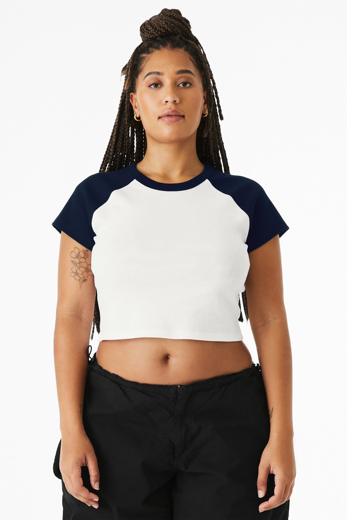 Custom White/ Navy Women's Micro Rib Raglan Baby Tee BC1201, personalized by SanCanDo Swag in Argyle, TX