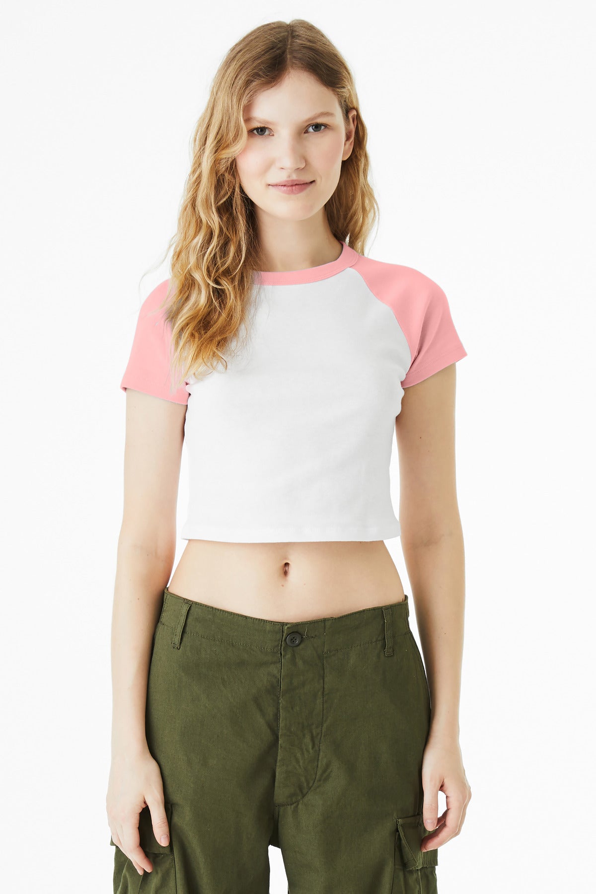 Custom White/ Pink Women's Micro Rib Raglan Baby Tee BC1201, personalized by SanCanDo Swag in Argyle, TX