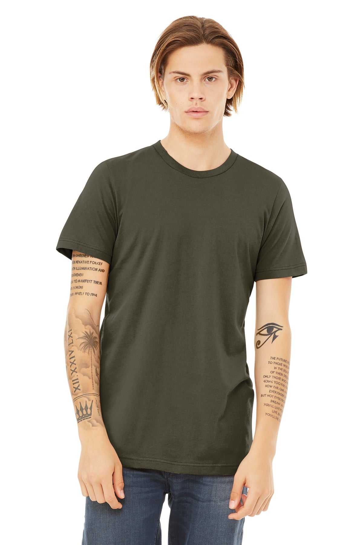 Custom Dark Olive Bella Jersey Tee 3001, personalized by SanCanDo Swag in Argyle, TX