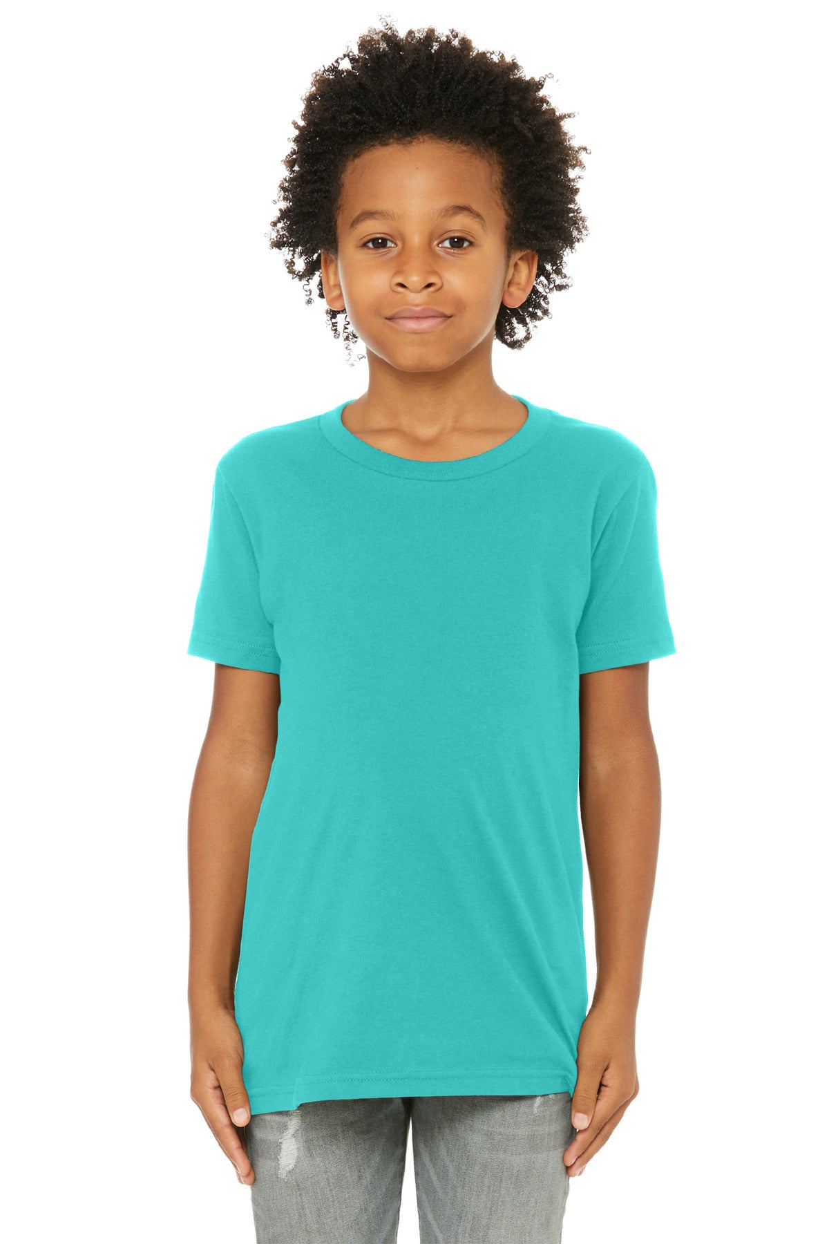 Custom Teal Youth Jersey Tee BC3001Y, personalized by SanCanDo Swag in Argyle, TX