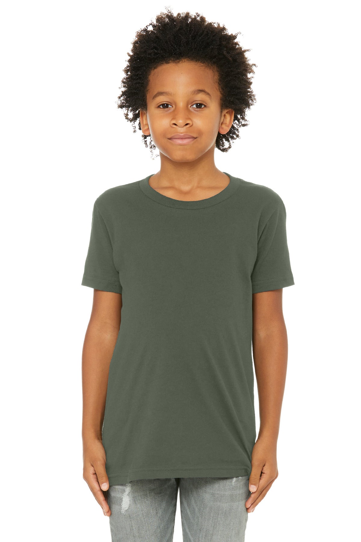 Custom Military Green Youth Jersey Tee BC3001Y, personalized by SanCanDo Swag in Argyle, TX