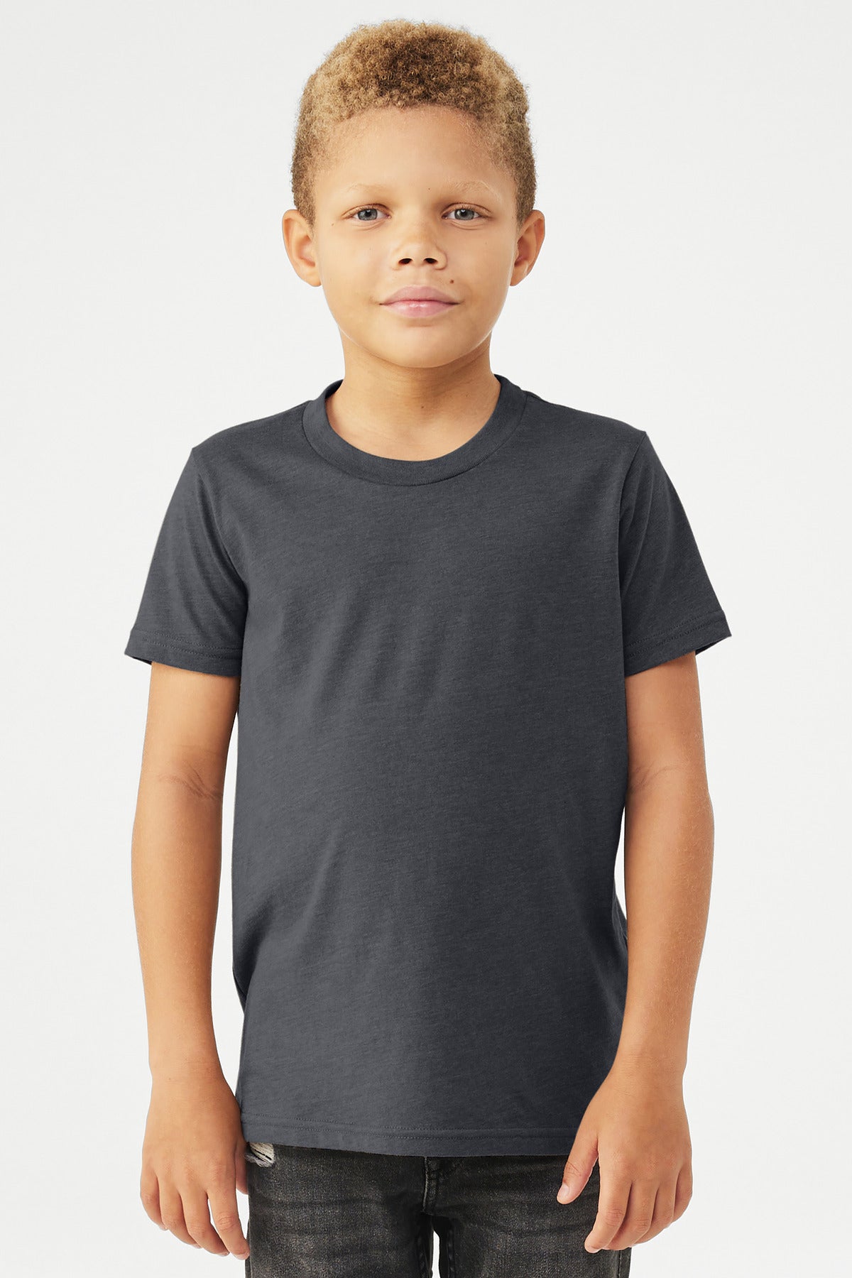 Custom Heather Midnight Navy Youth Heather CVC Tee BC3001YCVC, personalized by SanCanDo Swag in Argyle, TX
