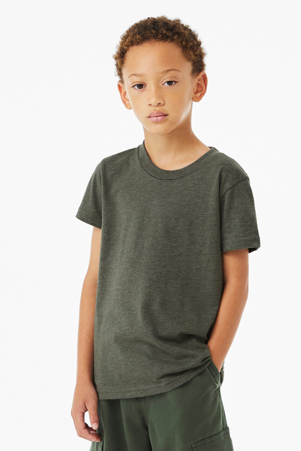 Custom Heather Military Green Youth Heather CVC Tee BC3001YCVC, personalized by SanCanDo Swag in Argyle, TX