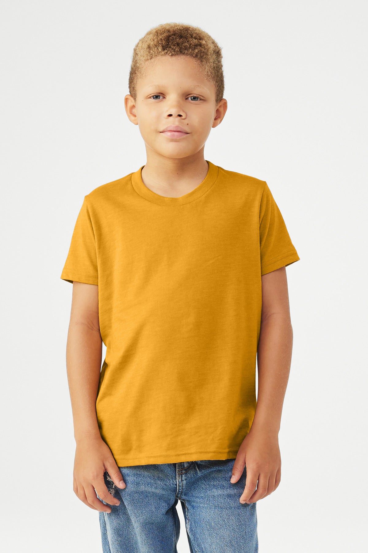 Custom Heather Mustard Youth Heather CVC Tee BC3001YCVC, personalized by SanCanDo Swag in Argyle, TX