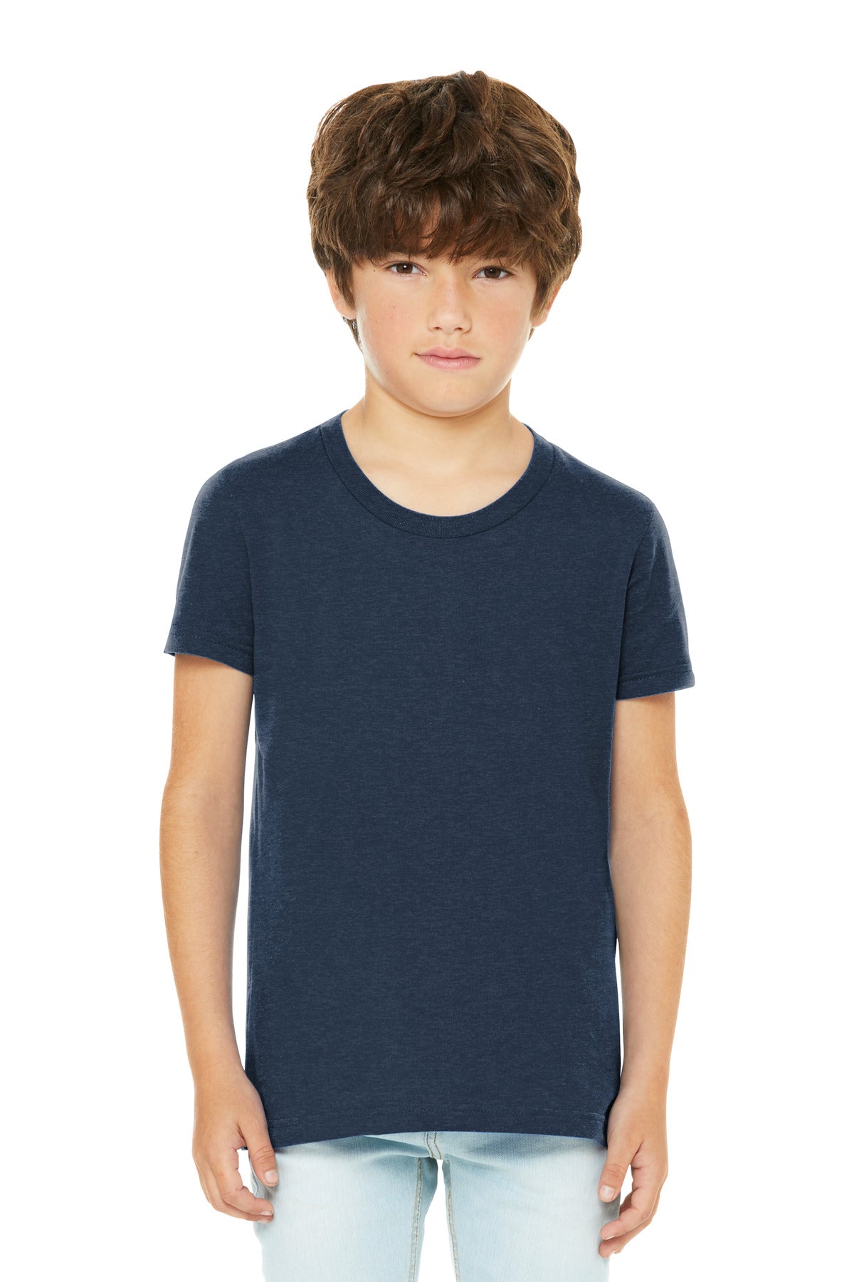 Custom Heather Navy Youth Heather CVC Tee BC3001YCVC, personalized by SanCanDo Swag in Argyle, TX