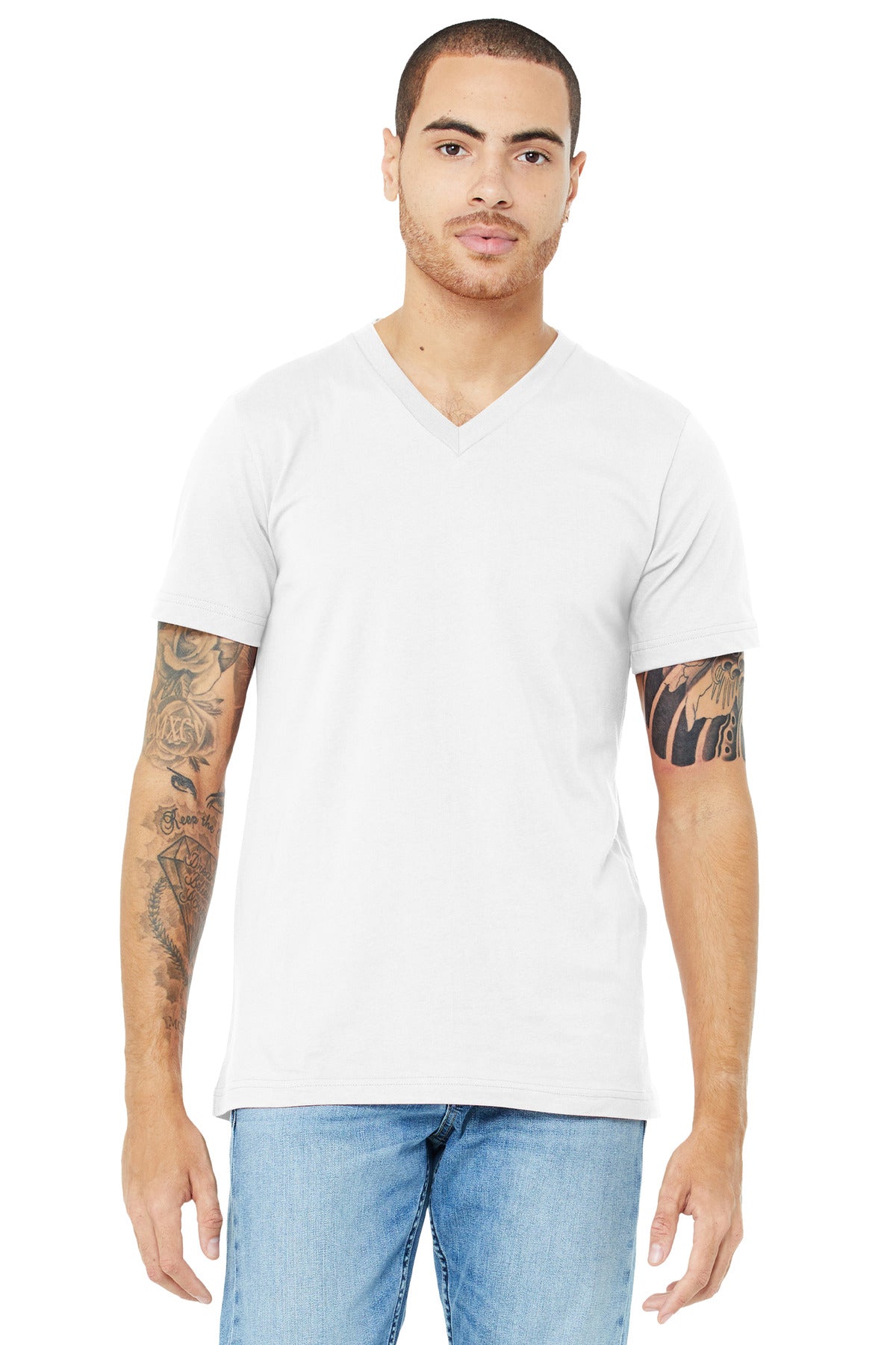 Custom White Unisex Jersey V-Neck Tee BC3005, personalized by SanCanDo Swag in Argyle, TX