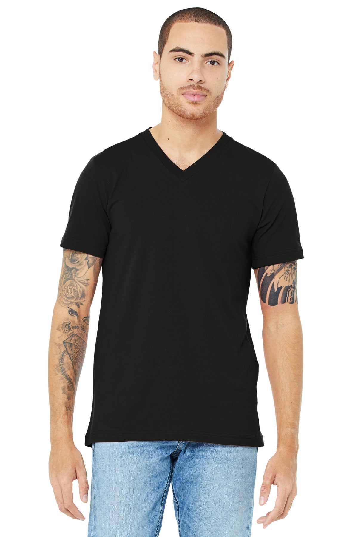 Custom Black Unisex Jersey V-Neck Tee BC3005, personalized by SanCanDo Swag in Argyle, TX