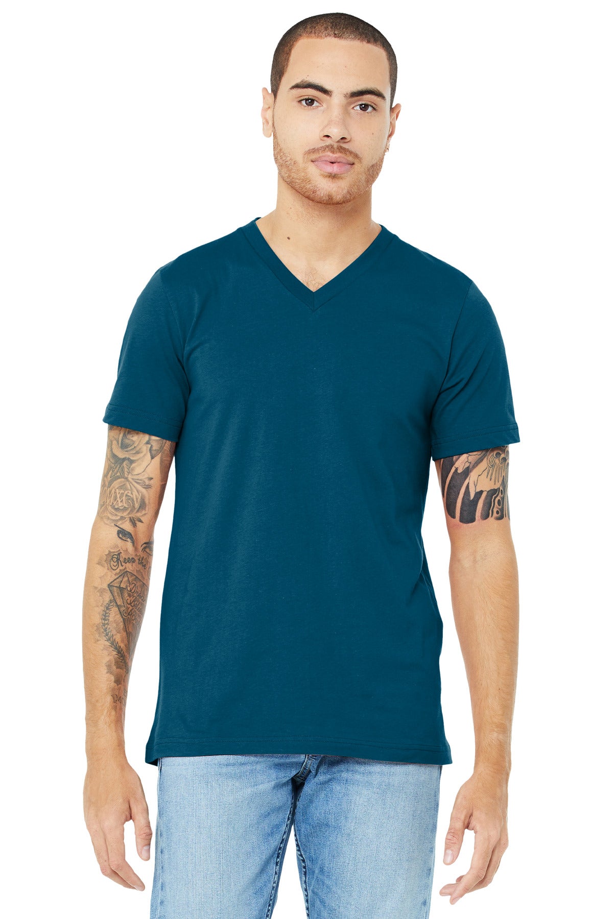 Custom Deep Teal Unisex Jersey V-Neck Tee BC3005, personalized by SanCanDo Swag in Argyle, TX