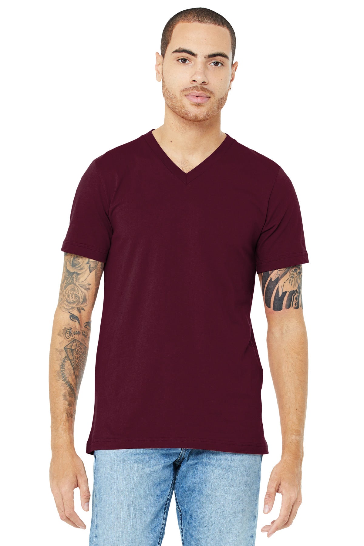 Custom Maroon Unisex Jersey V-Neck Tee BC3005, personalized by SanCanDo Swag in Argyle, TX
