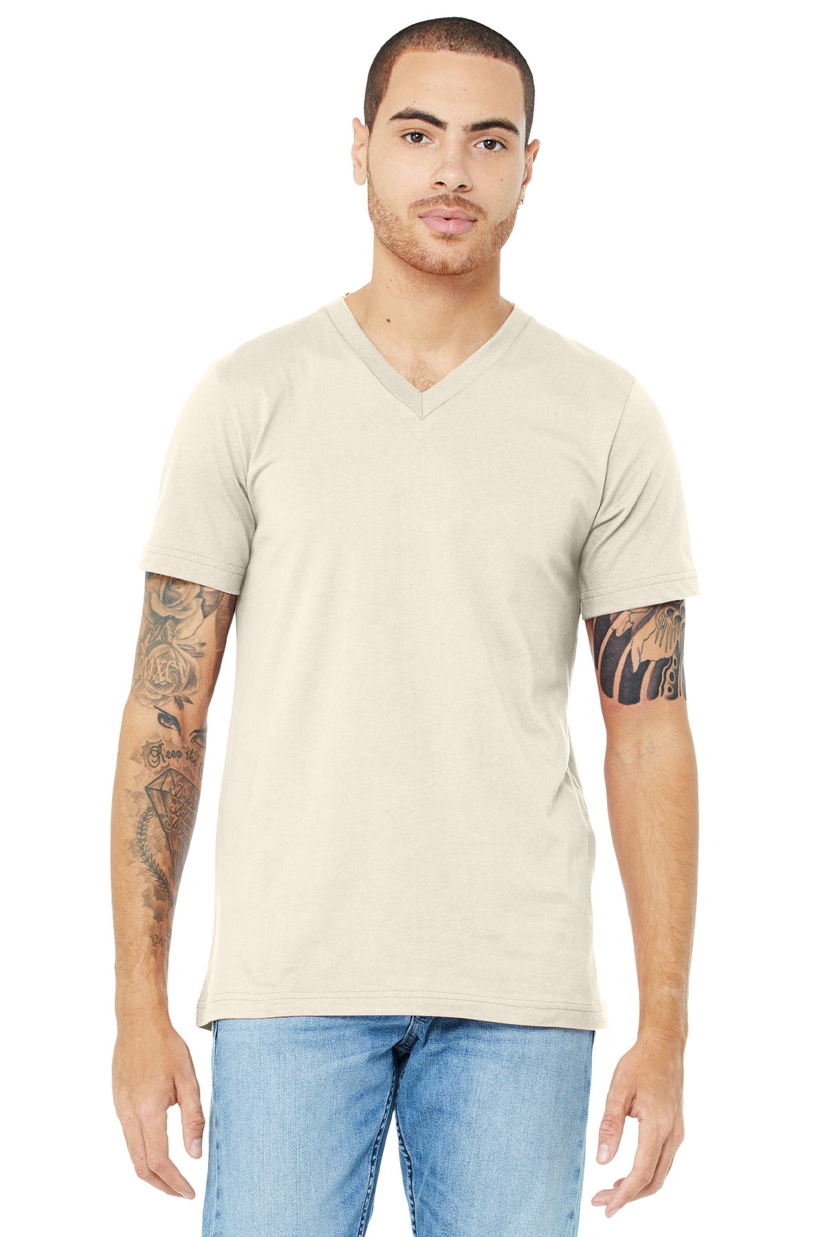 Custom Natural Unisex Jersey V-Neck Tee BC3005, personalized by SanCanDo Swag in Argyle, TX