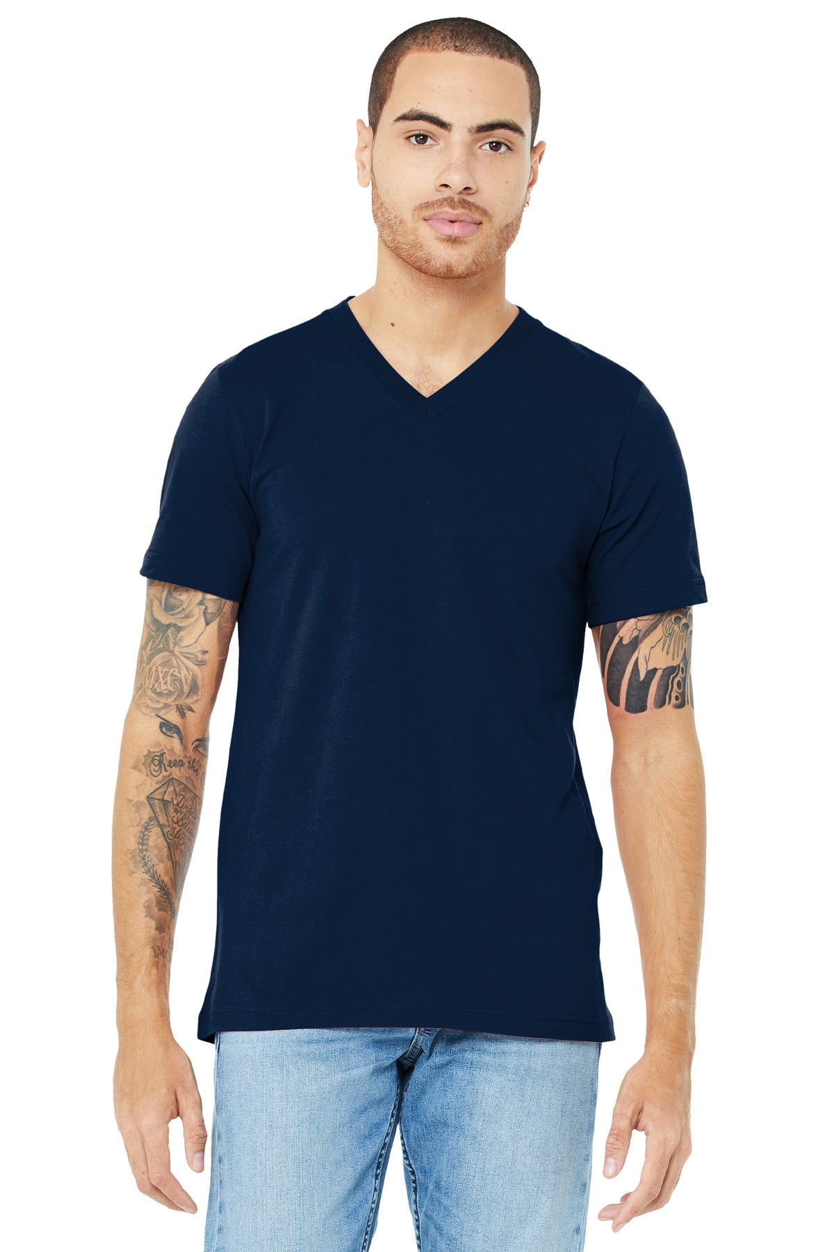 Custom Navy Unisex Jersey V-Neck Tee BC3005, personalized by SanCanDo Swag in Argyle, TX
