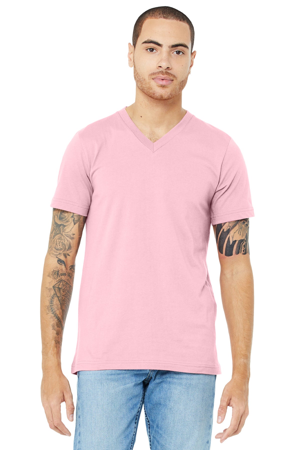 Custom Pink Unisex Jersey V-Neck Tee BC3005, personalized by SanCanDo Swag in Argyle, TX
