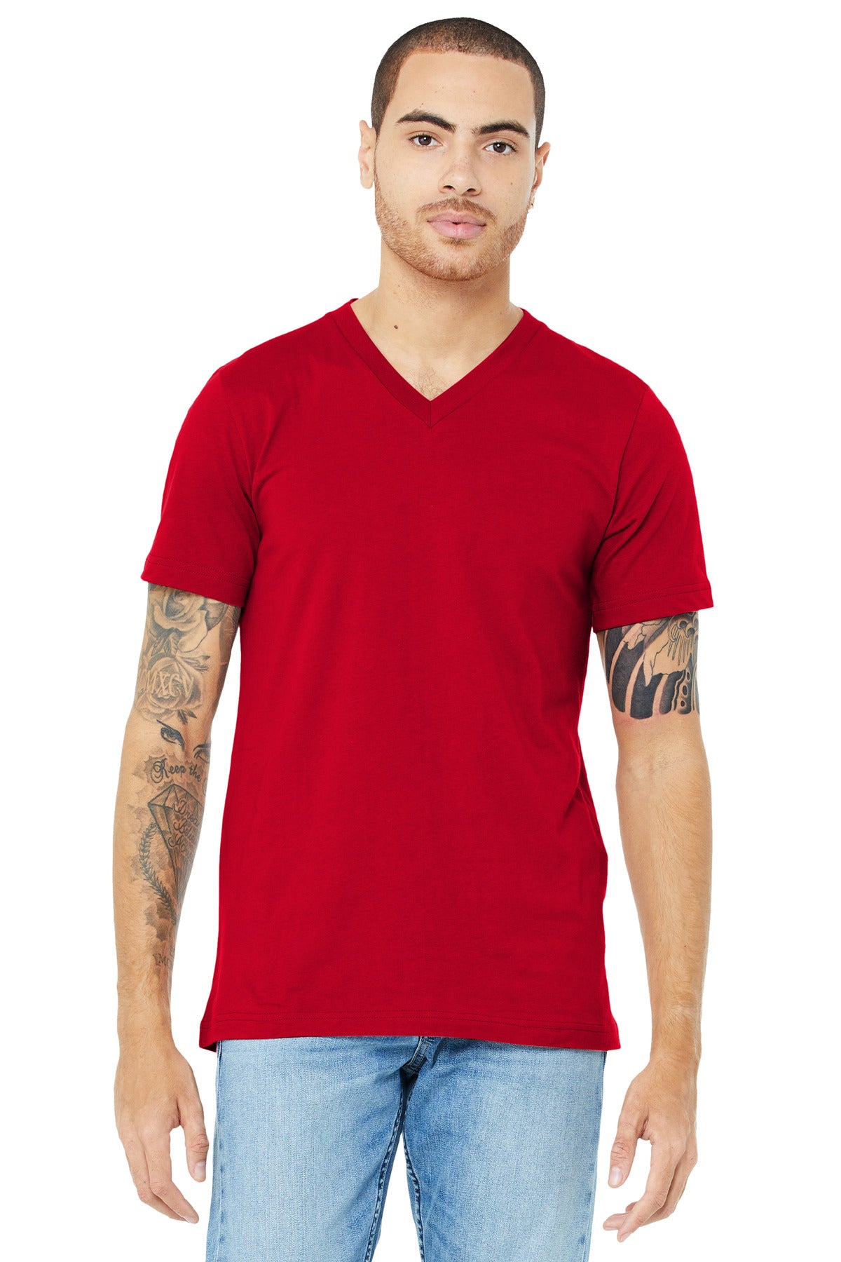 Custom Red Unisex Jersey V-Neck Tee BC3005, personalized by SanCanDo Swag in Argyle, TX