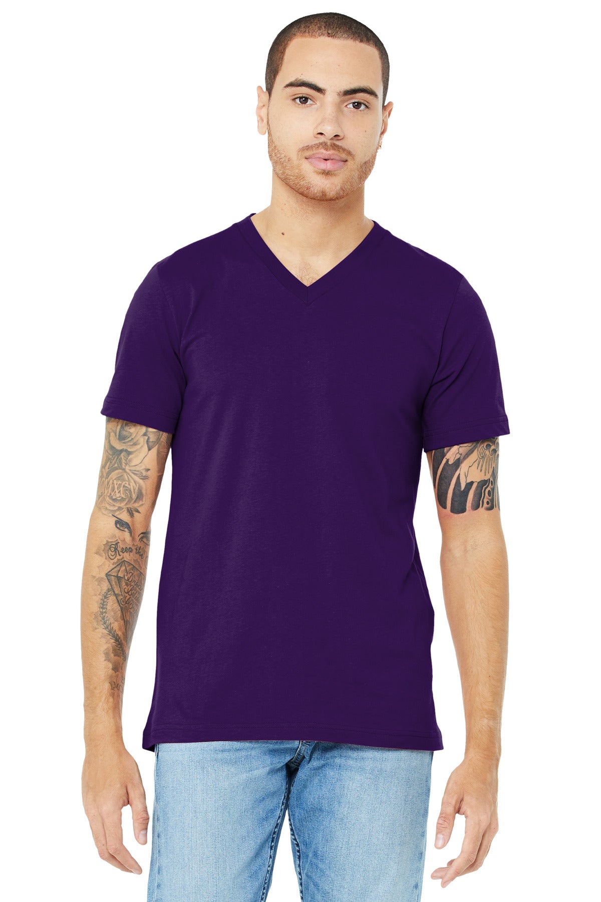 Custom Team Purple Unisex Jersey V-Neck Tee BC3005, personalized by SanCanDo Swag in Argyle, TX