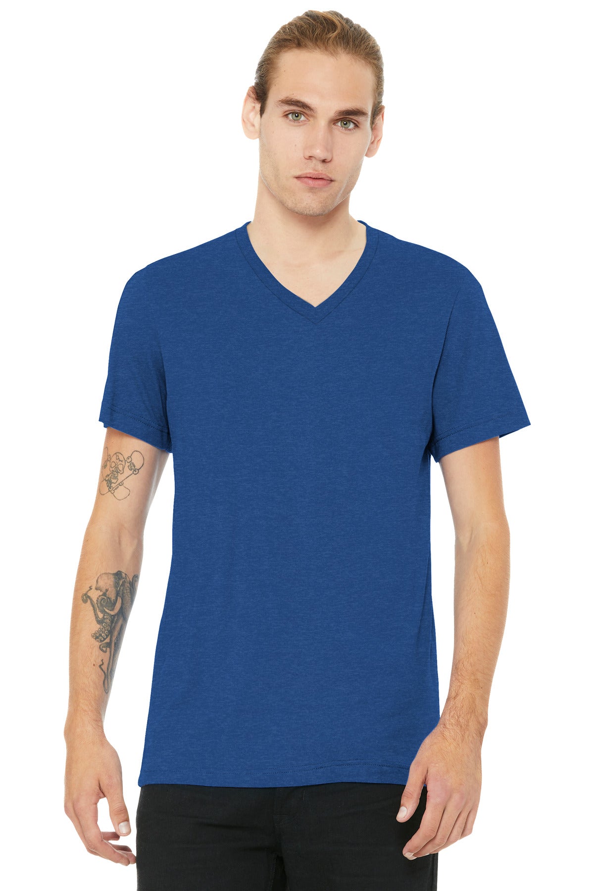 Custom Heather True Royal Unisex Heather CVC V-Neck Tee BC3005CVC, personalized by SanCanDo Swag in Argyle, TX