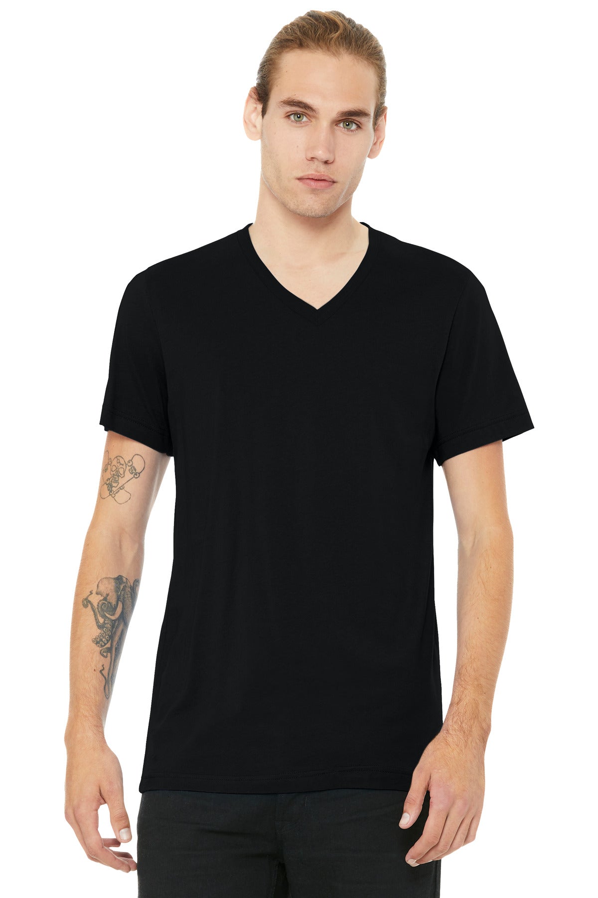 Custom Solid Black Blend Unisex Heather CVC V-Neck Tee BC3005CVC, personalized by SanCanDo Swag in Argyle, TX