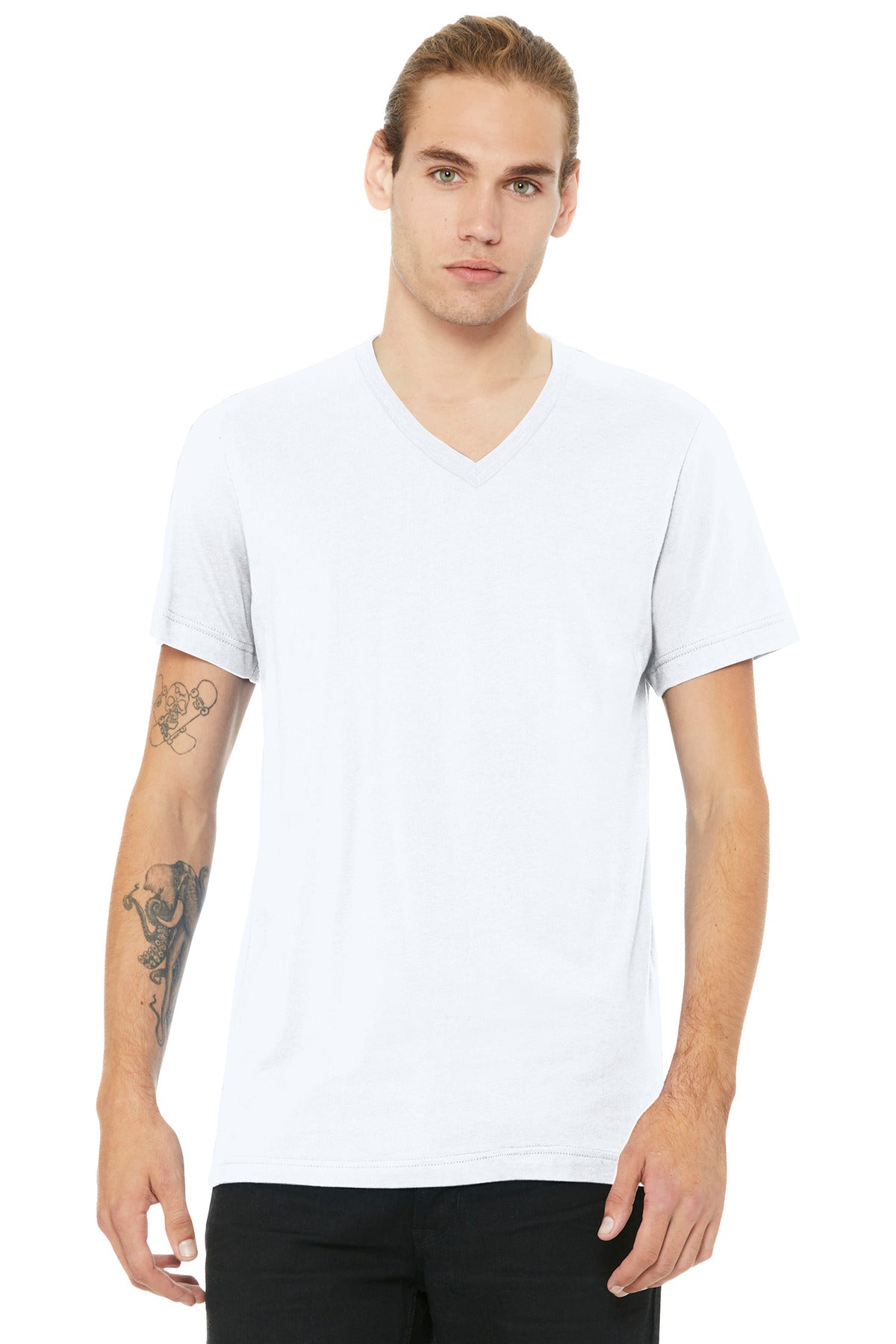 Custom Solid White Blend Unisex Heather CVC V-Neck Tee BC3005CVC, personalized by SanCanDo Swag in Argyle, TX