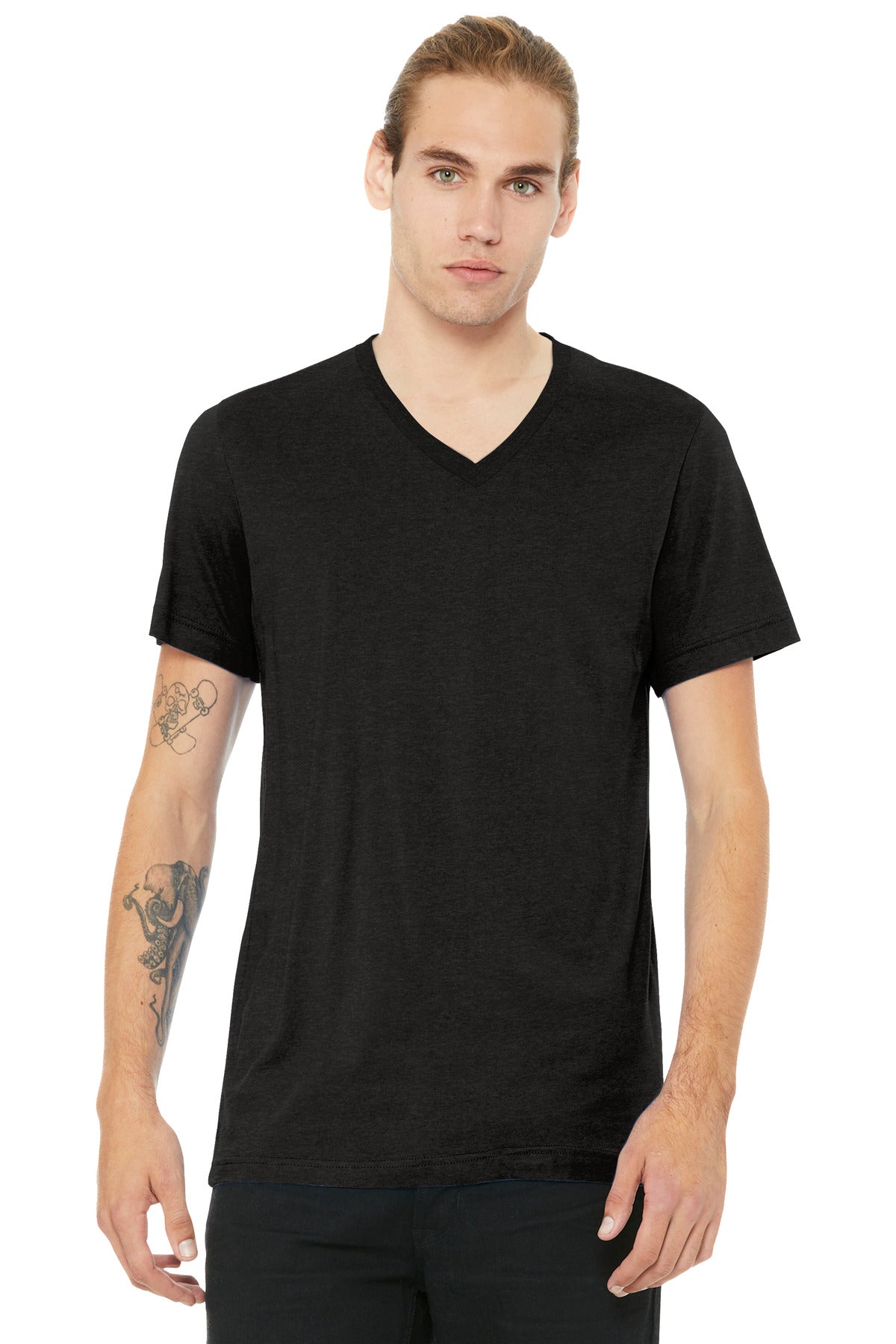 Custom Black Heather Unisex Heather CVC V-Neck Tee BC3005CVC, personalized by SanCanDo Swag in Argyle, TX