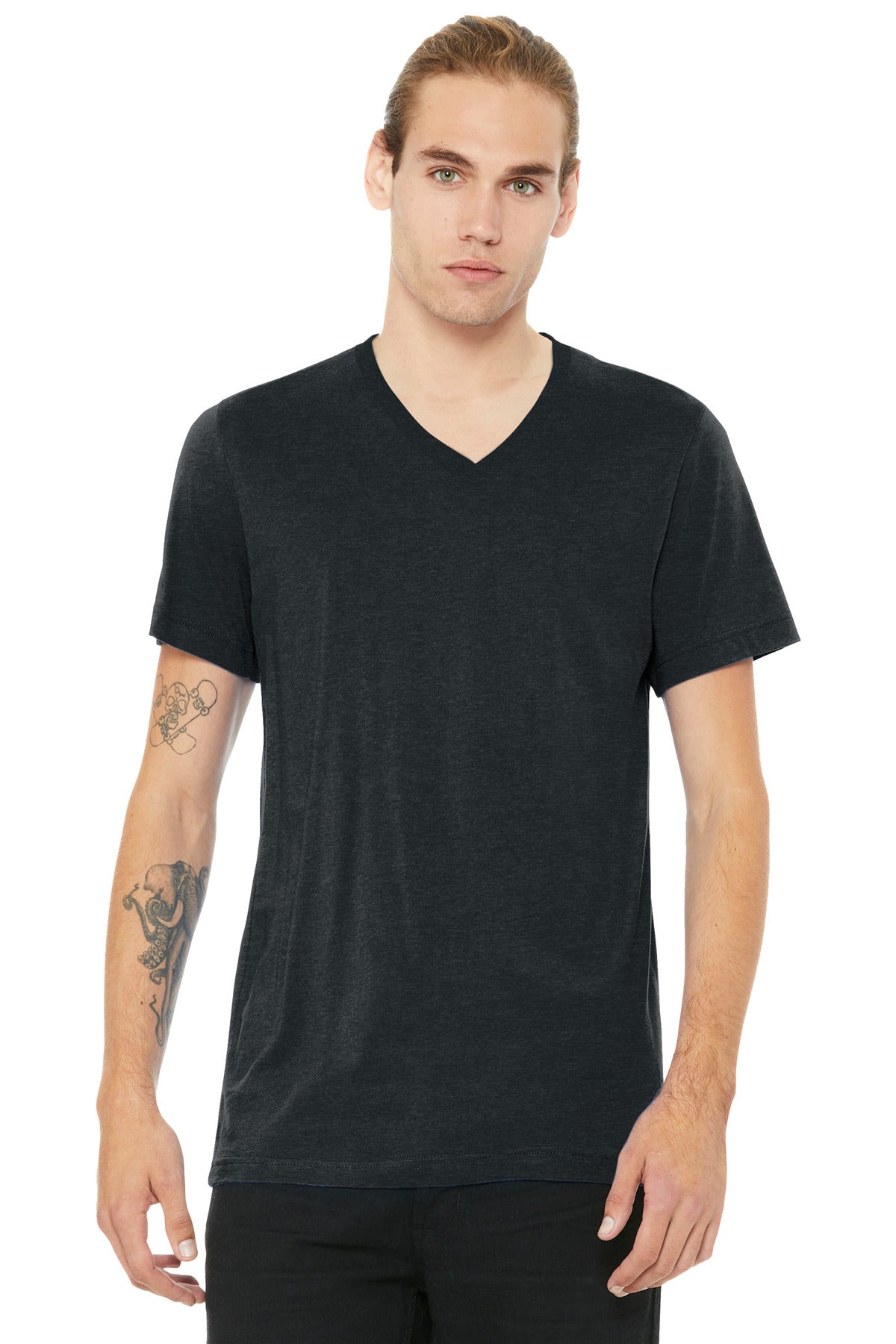 Custom Dark Grey Heather Unisex Heather CVC V-Neck Tee BC3005CVC, personalized by SanCanDo Swag in Argyle, TX