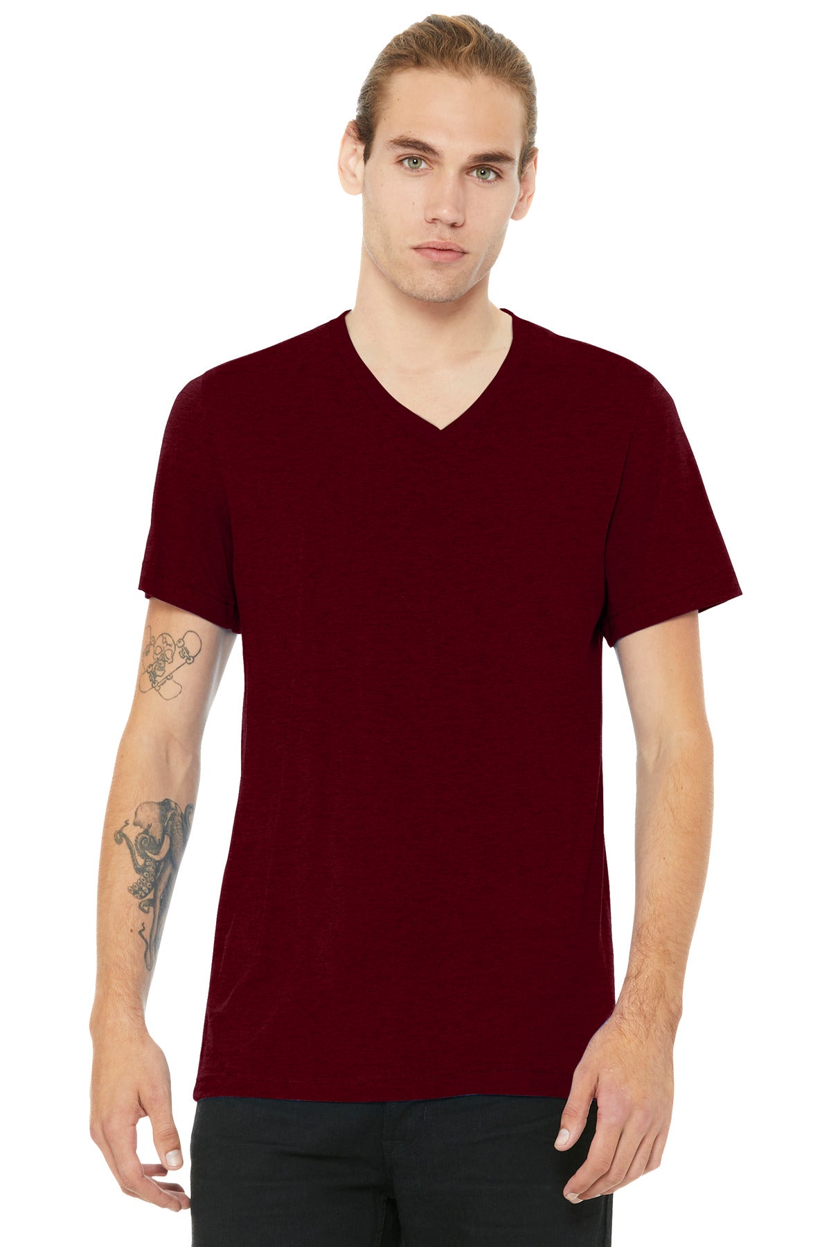 Custom Heather Cardinal Unisex Heather CVC V-Neck Tee BC3005CVC, personalized by SanCanDo Swag in Argyle, TX