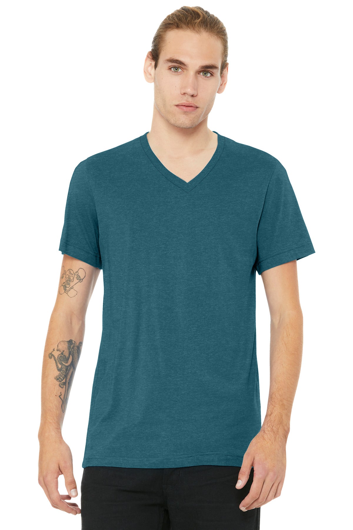 Custom Heather Deep Teal Unisex Heather CVC V-Neck Tee BC3005CVC, personalized by SanCanDo Swag in Argyle, TX