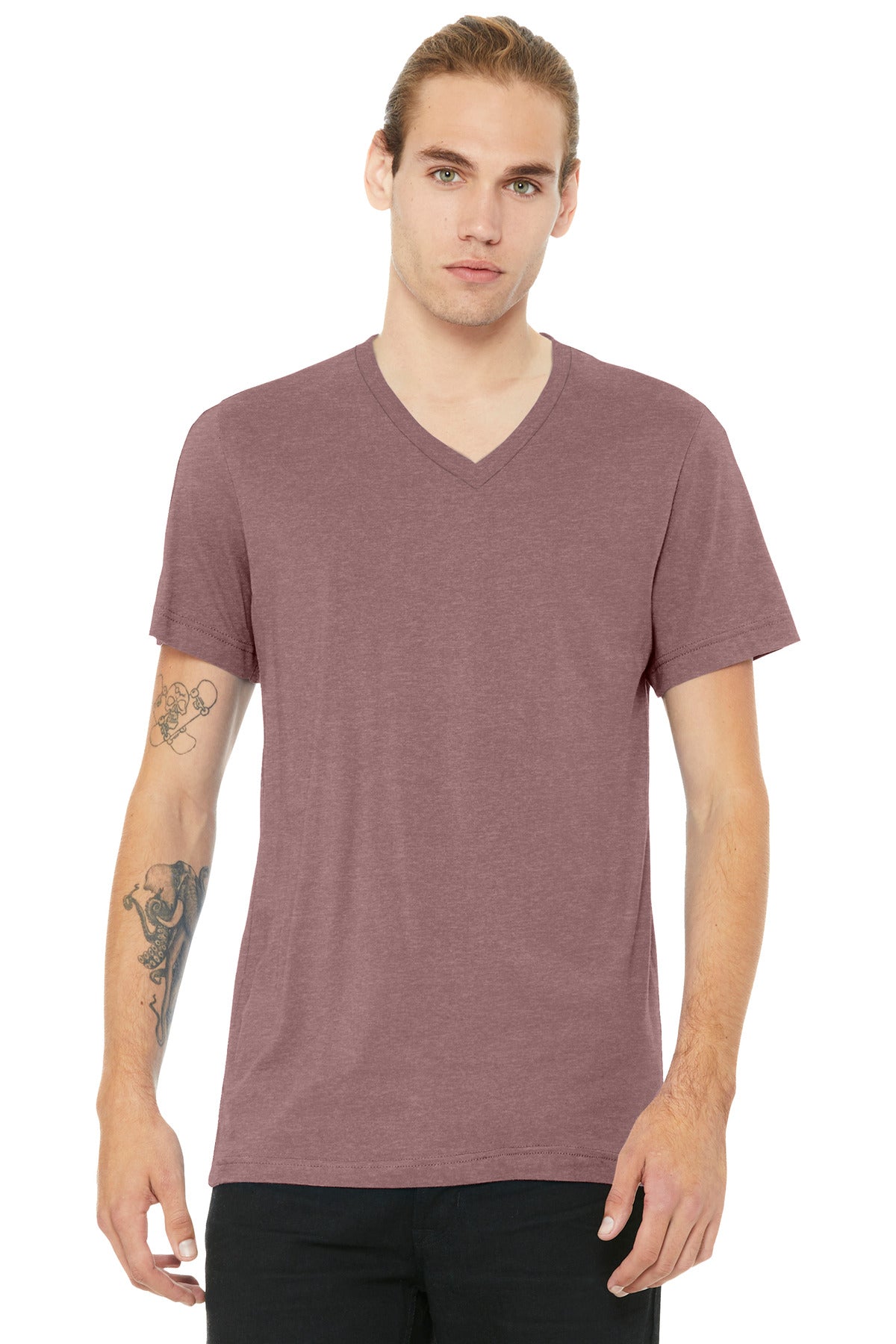 Custom Heather Mauve Unisex Heather CVC V-Neck Tee BC3005CVC, personalized by SanCanDo Swag in Argyle, TX