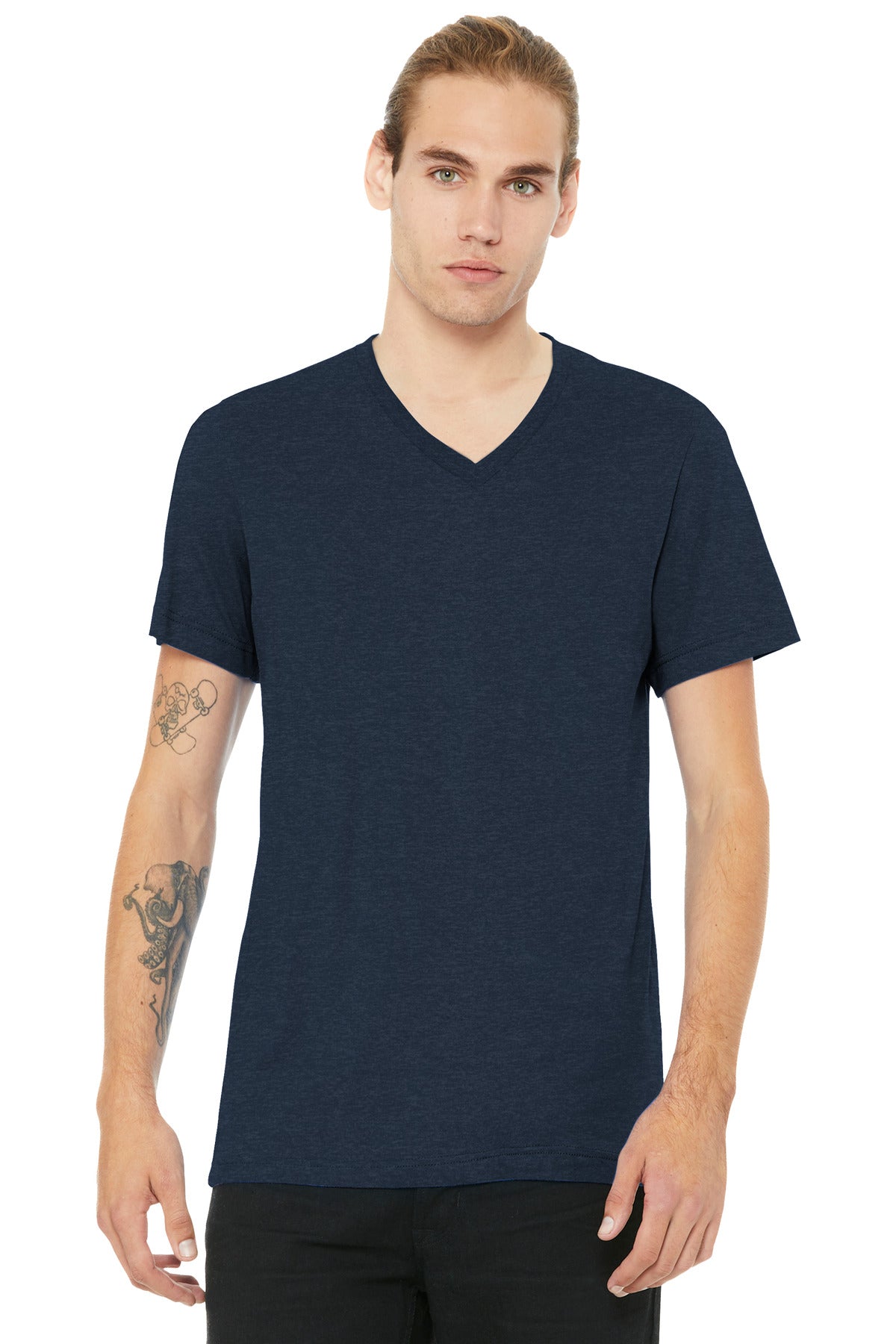 Custom Heather Navy Unisex Heather CVC V-Neck Tee BC3005CVC, personalized by SanCanDo Swag in Argyle, TX