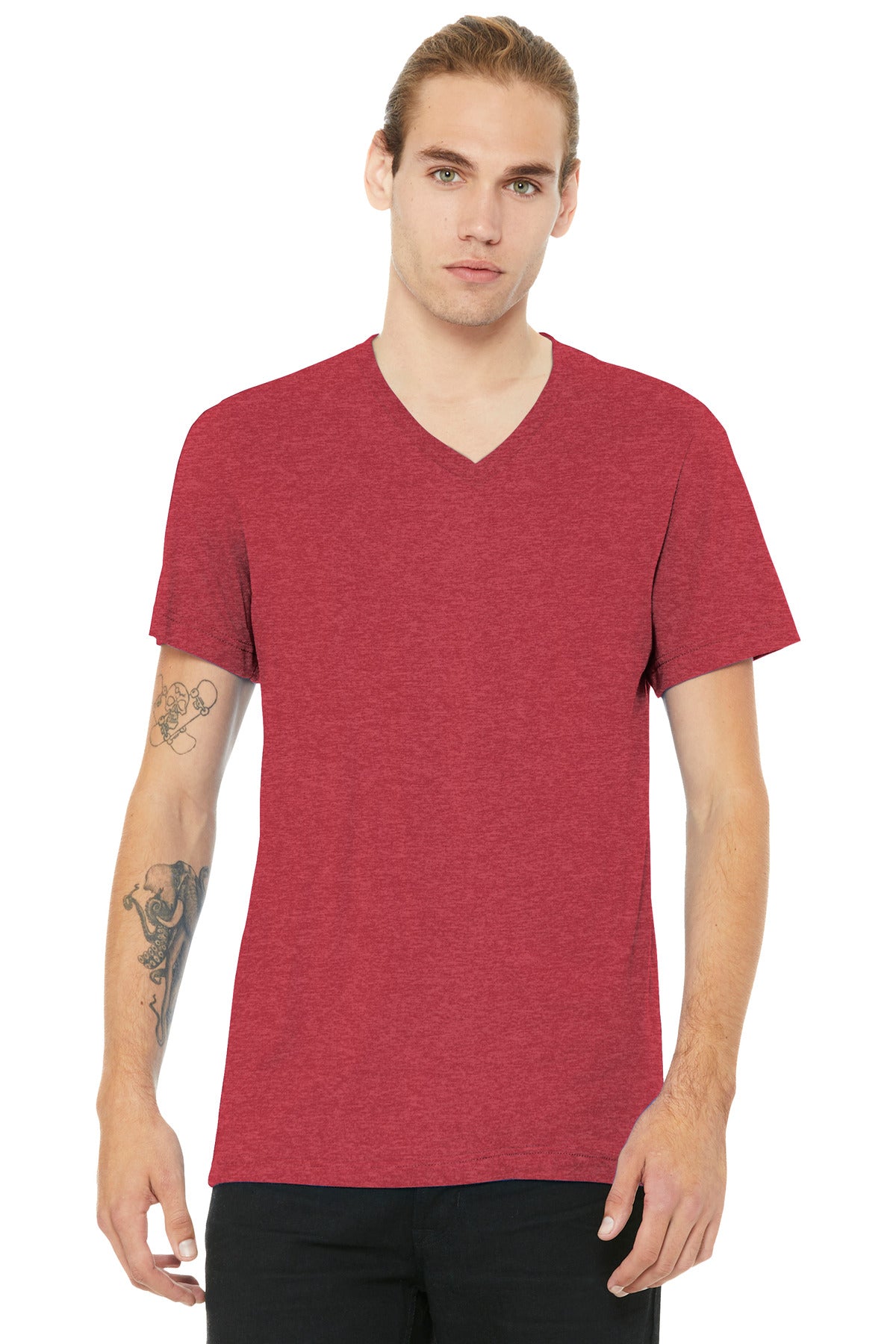 Custom Heather Red Unisex Heather CVC V-Neck Tee BC3005CVC, personalized by SanCanDo Swag in Argyle, TX