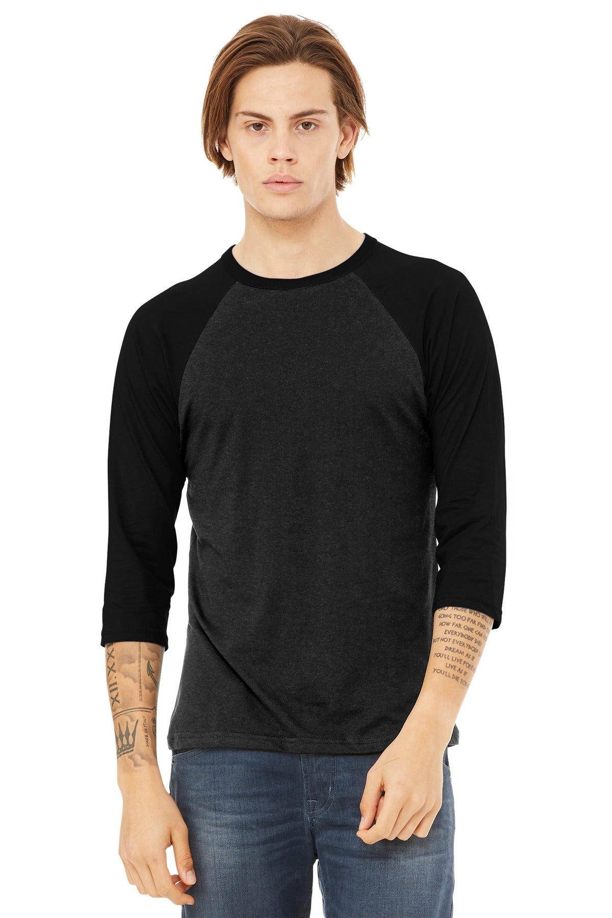 Custom Black Heather/ Black Unisex 3/4-Sleeve Baseball Tee BC3200, personalized by SanCanDo Swag in Argyle, TX