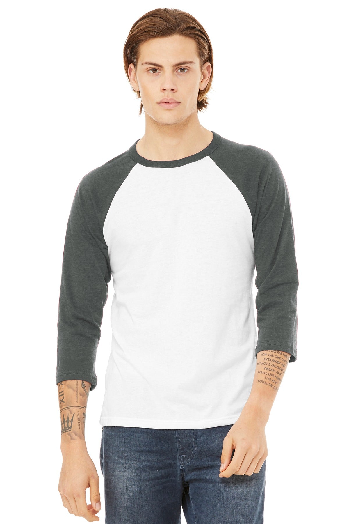 Custom White/ Deep Heather Unisex 3/4-Sleeve Baseball Tee BC3200, personalized by SanCanDo Swag in Argyle, TX