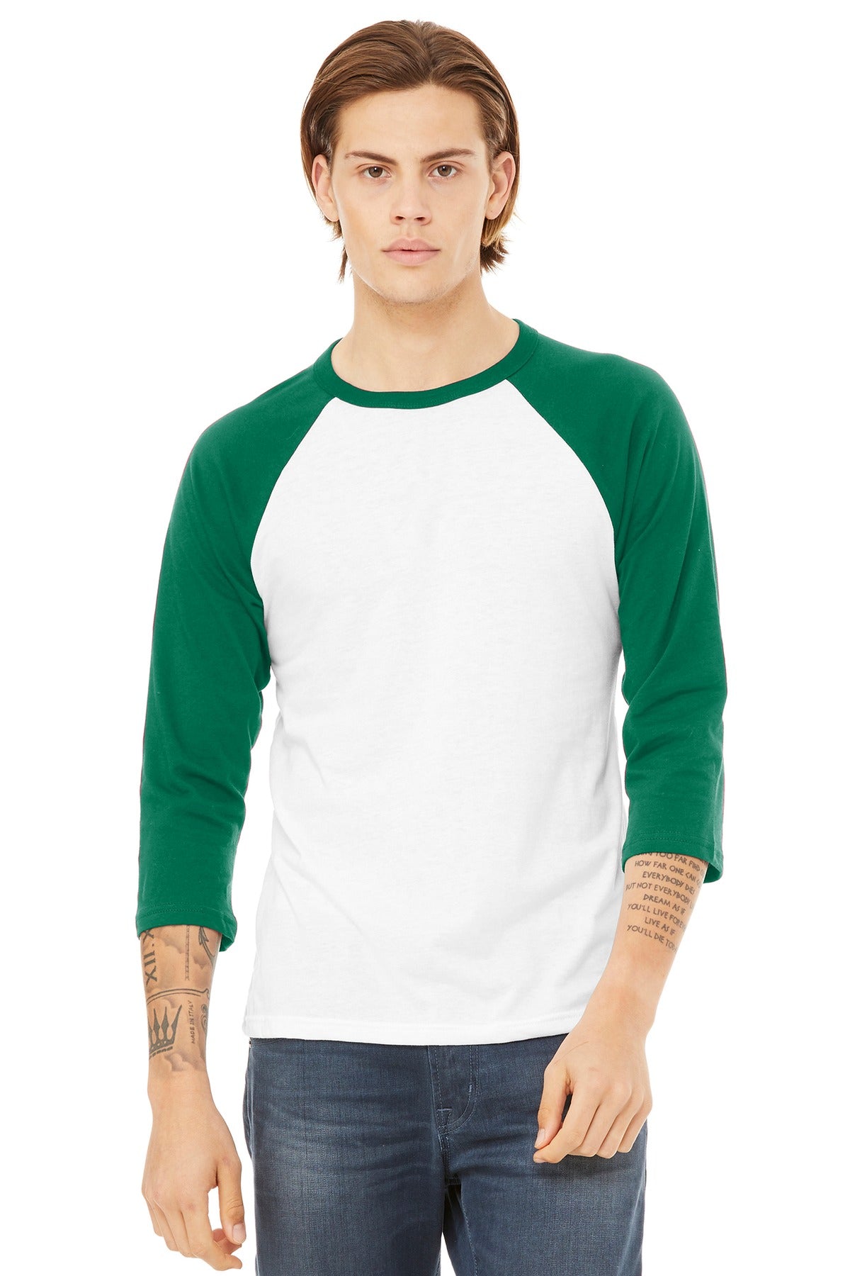 Custom White/ Kelly Unisex 3/4-Sleeve Baseball Tee BC3200, personalized by SanCanDo Swag in Argyle, TX