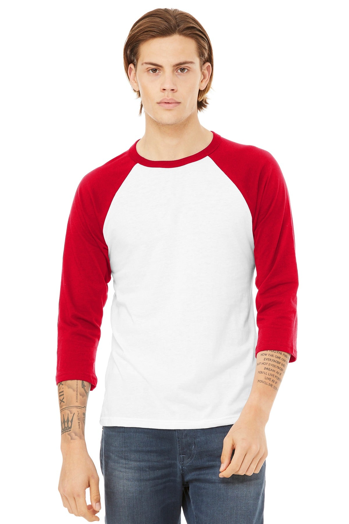 Custom White/ Red Unisex 3/4-Sleeve Baseball Tee BC3200, personalized by SanCanDo Swag in Argyle, TX