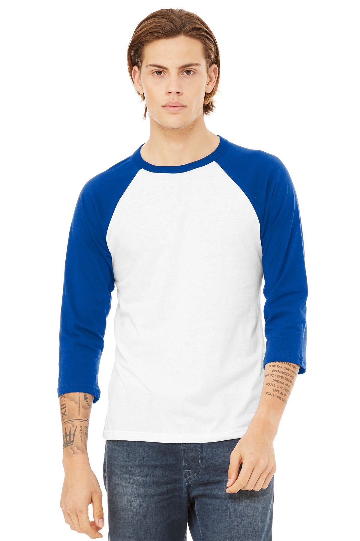 Custom White/ True Royal Unisex 3/4-Sleeve Baseball Tee BC3200, personalized by SanCanDo Swag in Argyle, TX
