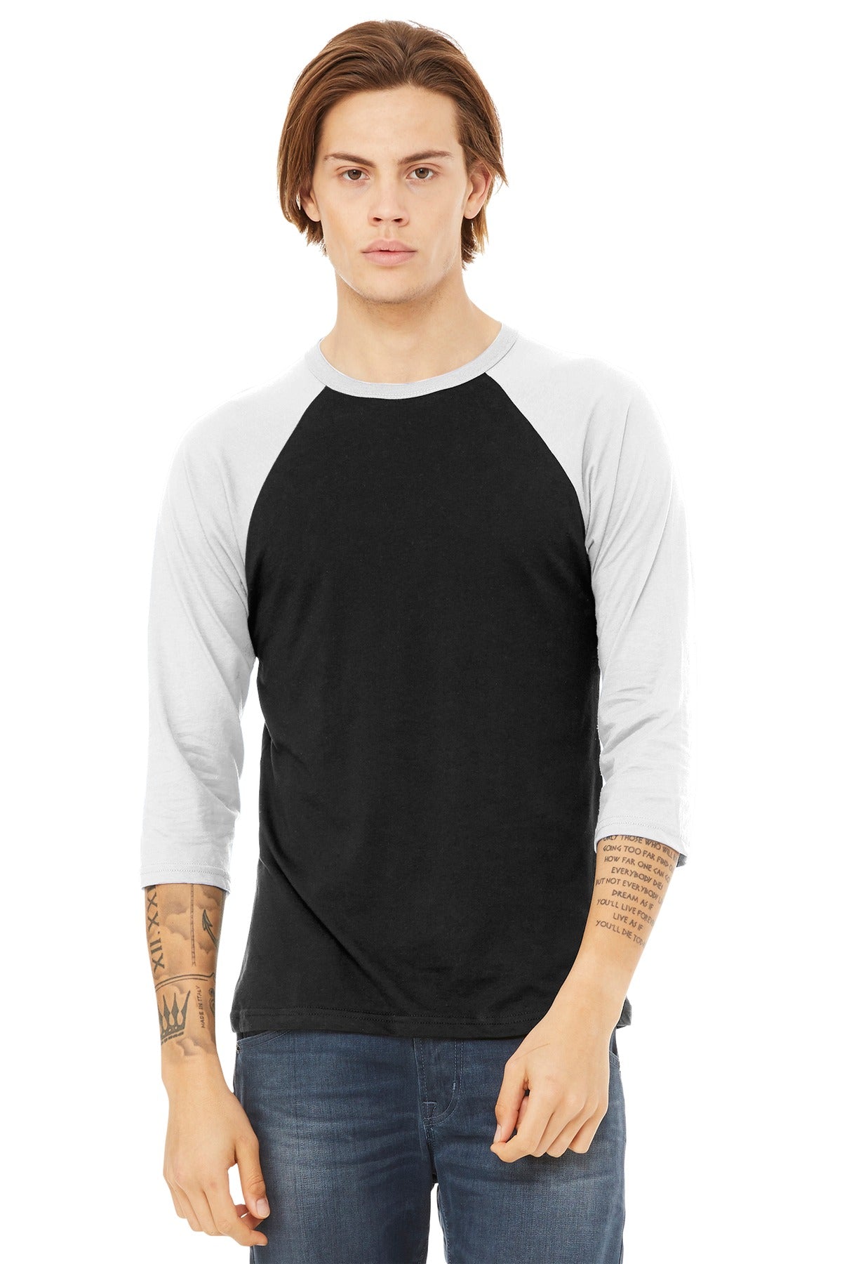 Custom Black/ White Unisex 3/4-Sleeve Baseball Tee BC3200, personalized by SanCanDo Swag in Argyle, TX
