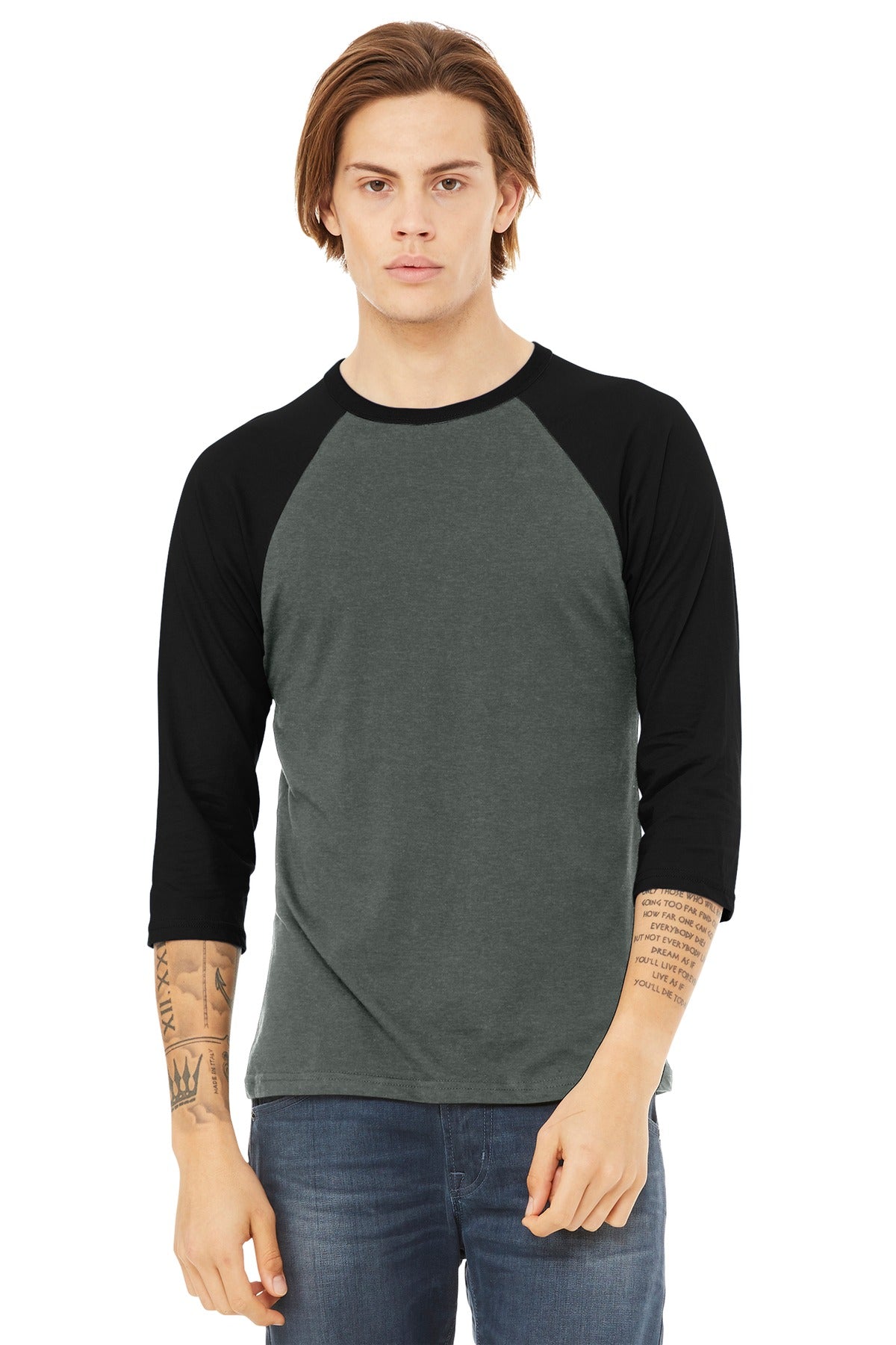 Custom Deep Heather/ Black Unisex 3/4-Sleeve Baseball Tee BC3200, personalized by SanCanDo Swag in Argyle, TX
