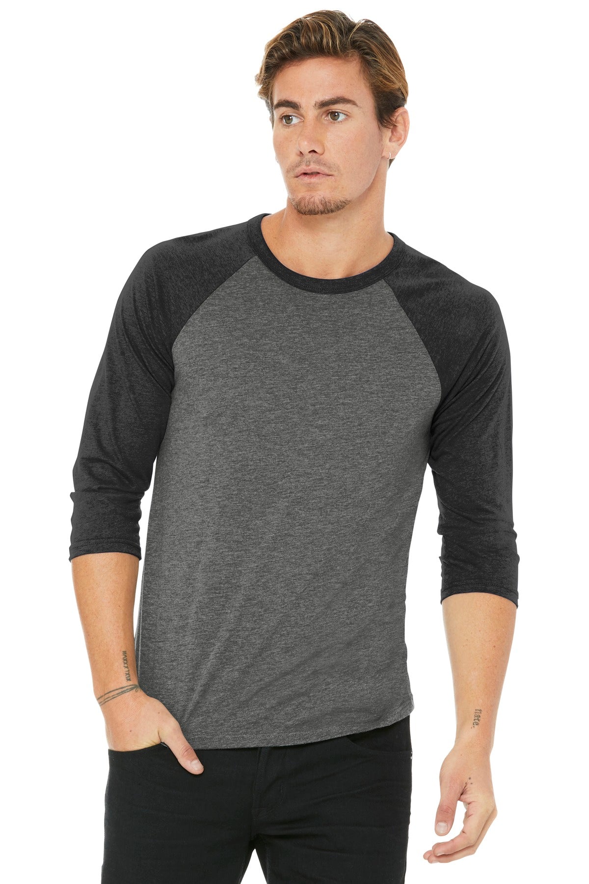 Custom Grey/ Charcoal-Black Triblend Unisex 3/4-Sleeve Baseball Tee BC3200, personalized by SanCanDo Swag in Argyle, TX