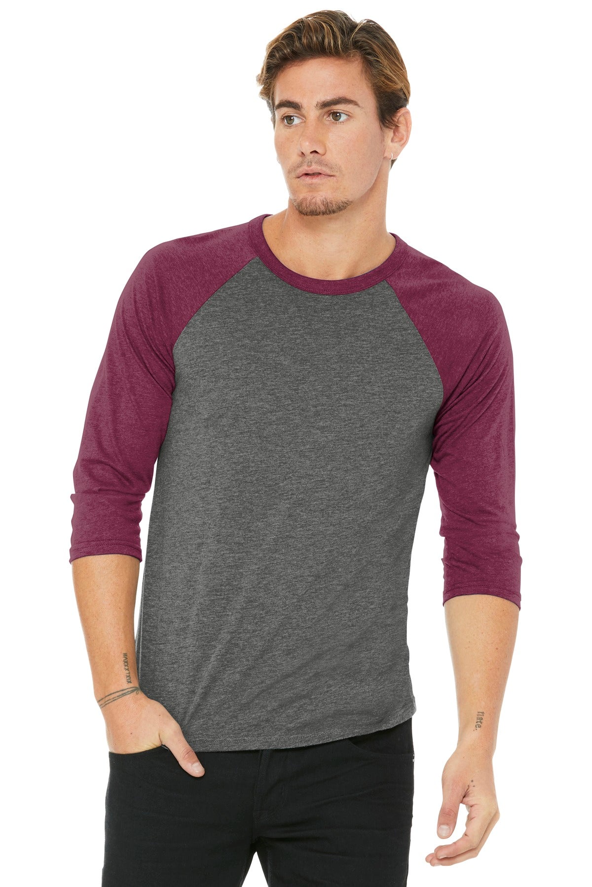 Custom Grey/ Maroon Triblend Unisex 3/4-Sleeve Baseball Tee BC3200, personalized by SanCanDo Swag in Argyle, TX