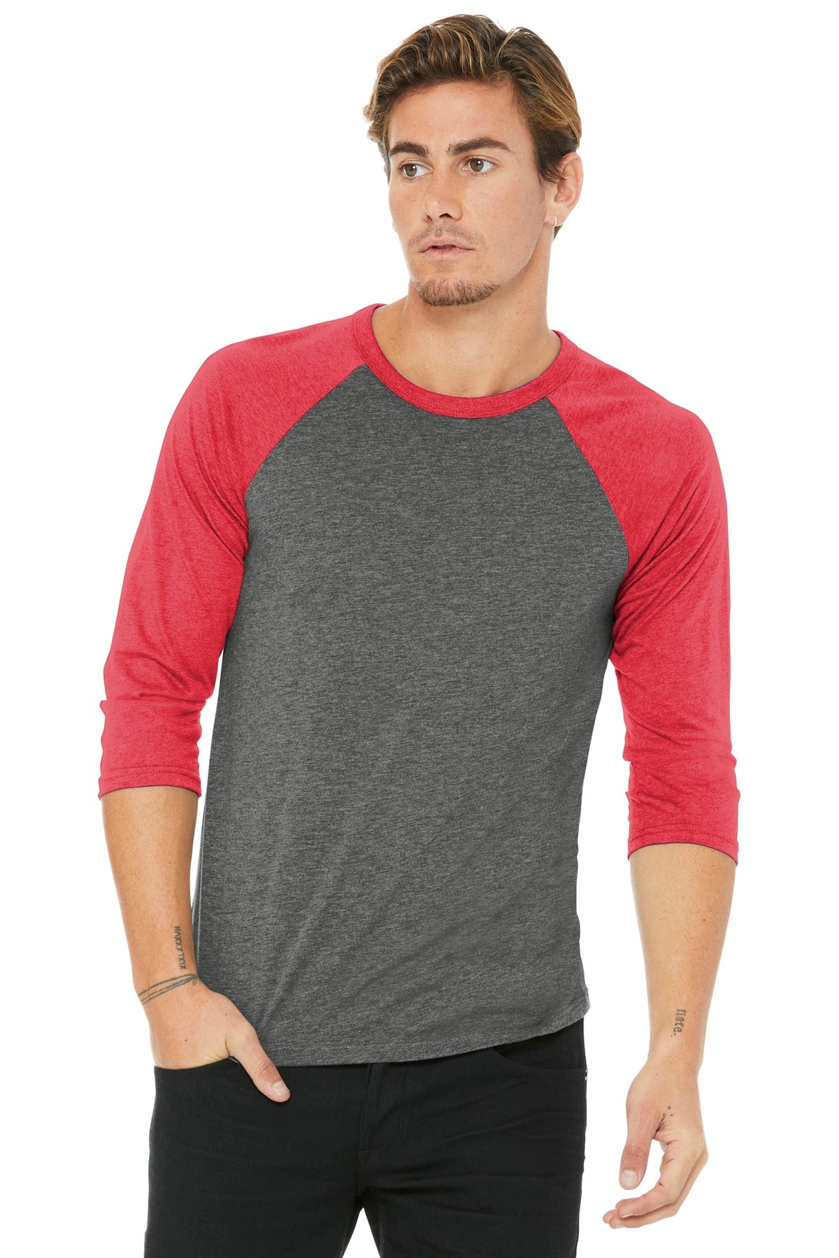 Custom Grey/ Red Triblend Unisex 3/4-Sleeve Baseball Tee BC3200, personalized by SanCanDo Swag in Argyle, TX