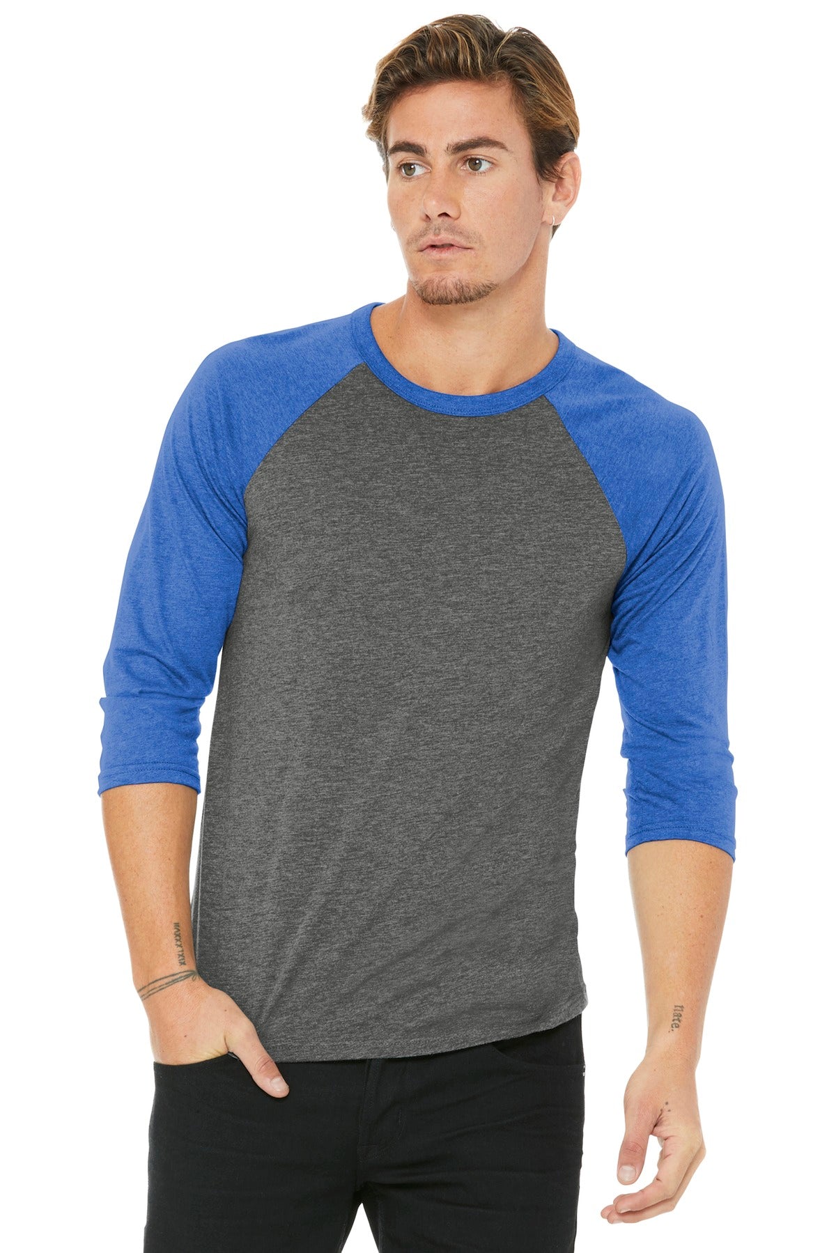 Custom Grey/ True Royal Triblend Unisex 3/4-Sleeve Baseball Tee BC3200, personalized by SanCanDo Swag in Argyle, TX