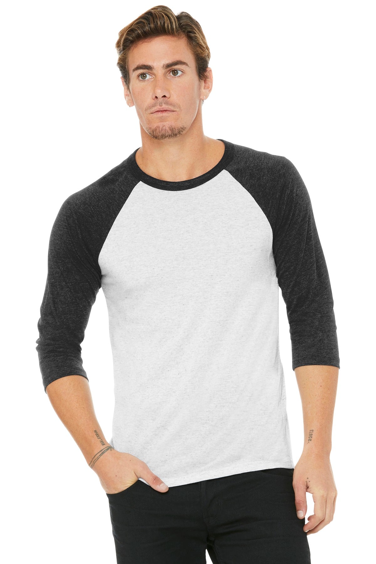 Custom White Fleck/ Charcoal-Black Triblend Unisex 3/4-Sleeve Baseball Tee BC3200, personalized by SanCanDo Swag in Argyle, TX