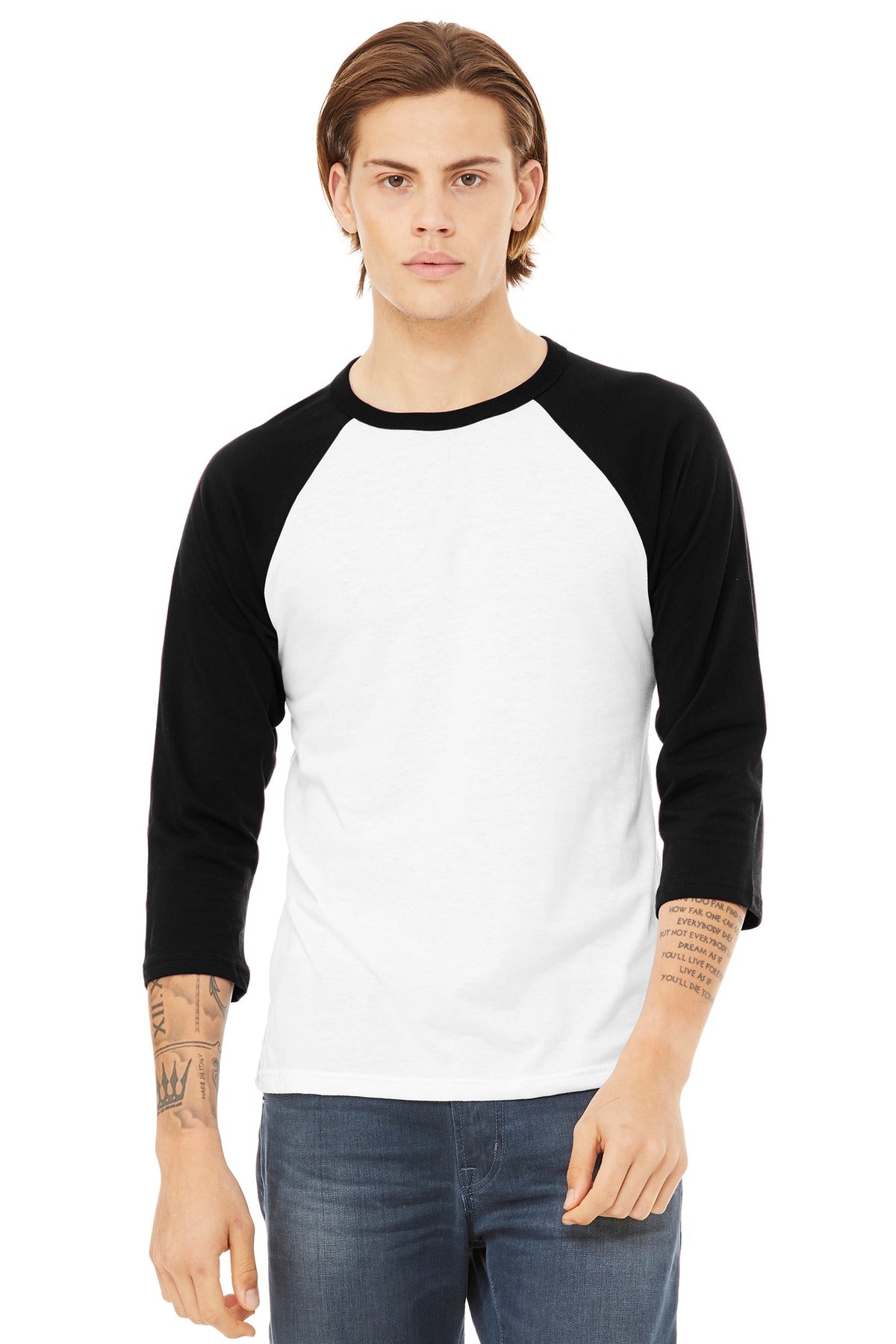 Custom White/ Black Unisex 3/4-Sleeve Baseball Tee BC3200, personalized by SanCanDo Swag in Argyle, TX