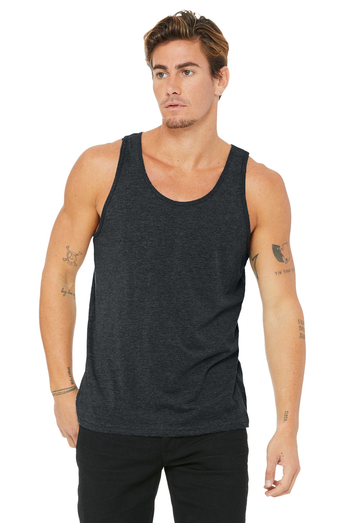 Custom Dark Grey Heather Unisex Jersey Tank BC3480, personalized by SanCanDo Swag in Argyle, TX